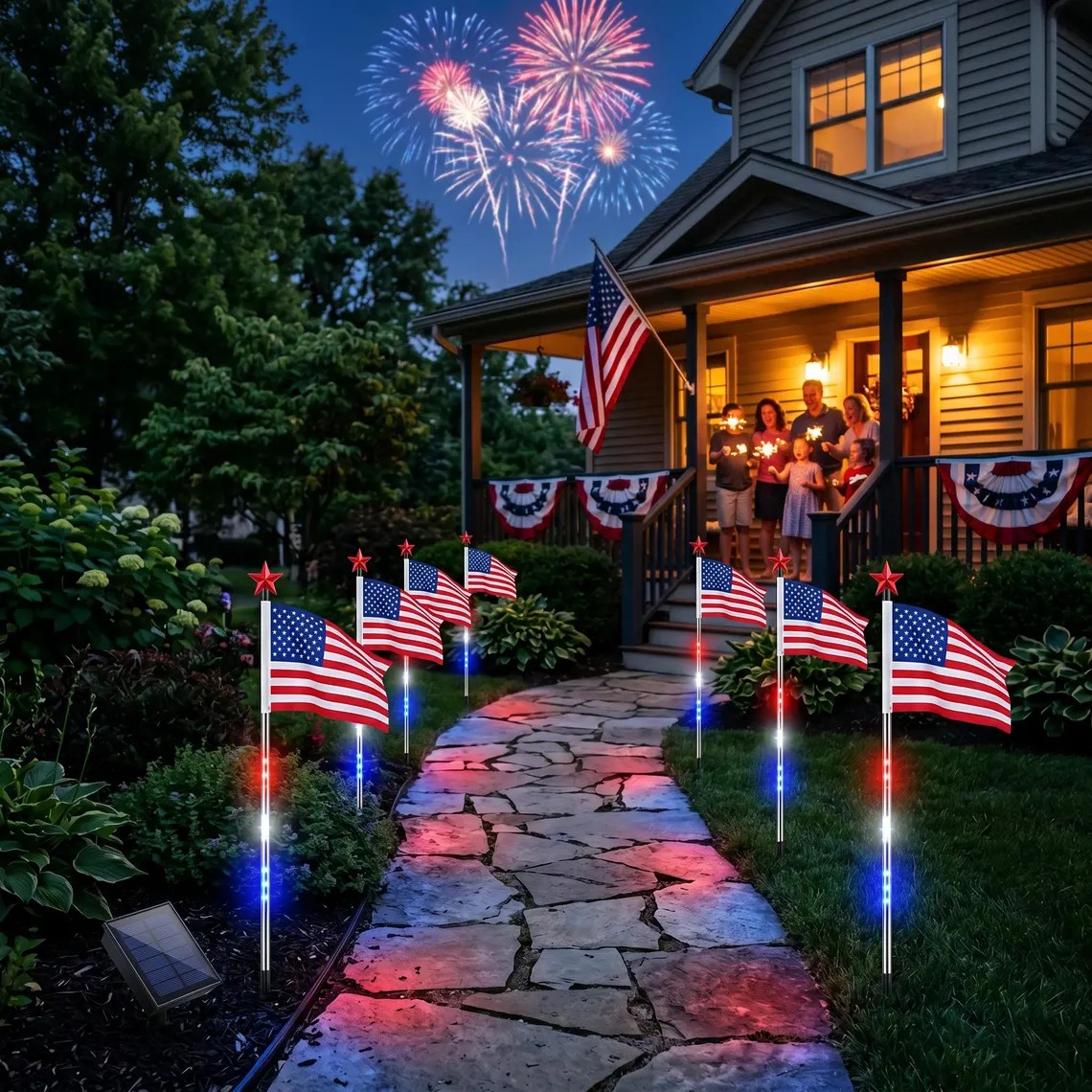 8 Pack Solar American Flag Lights, Waterproof Patriotic Pathway Stakes