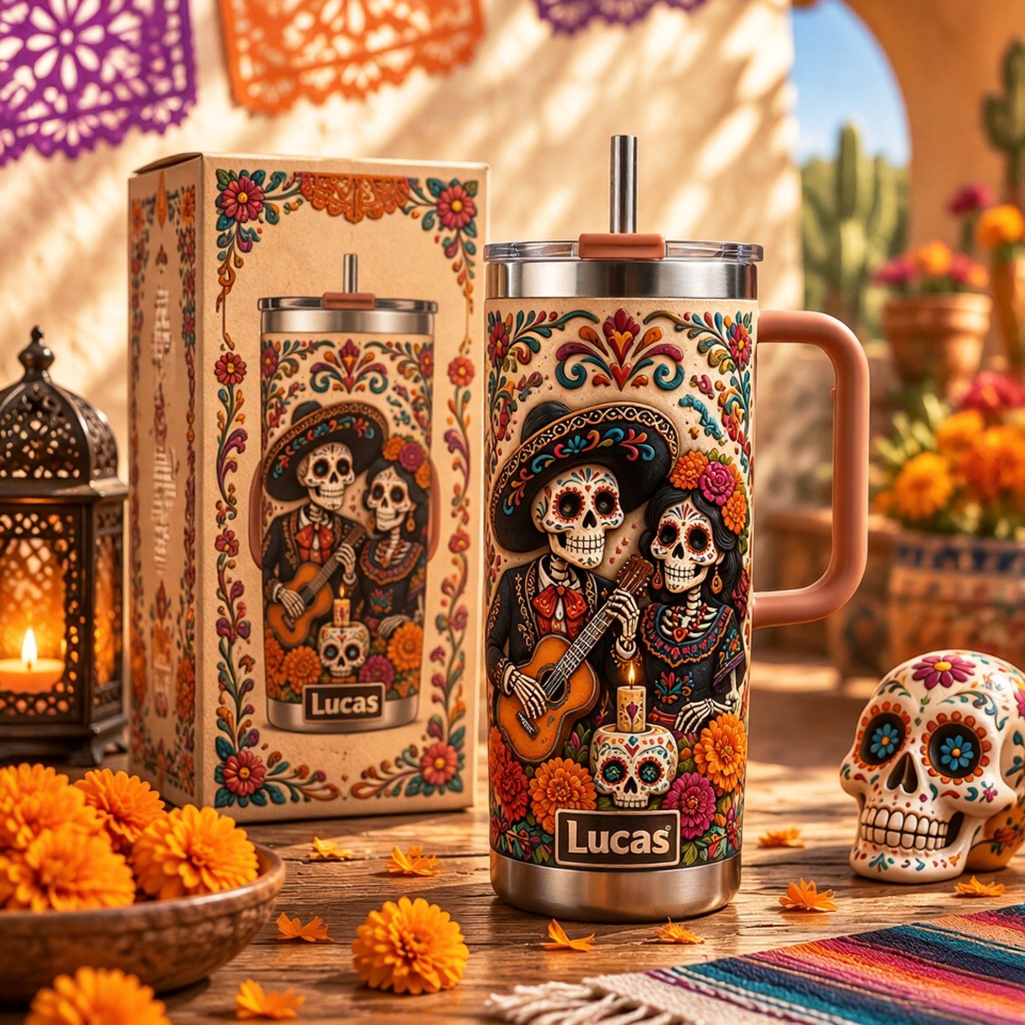 Personalized Day of the Dead Skeleton Couple Tumbler 💀🌼