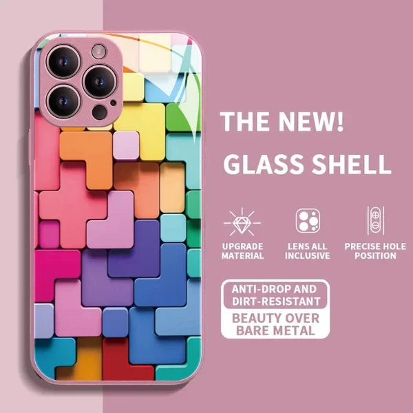 2023 New Flat 3D Square Pattern Glass Case Cover for iPhone