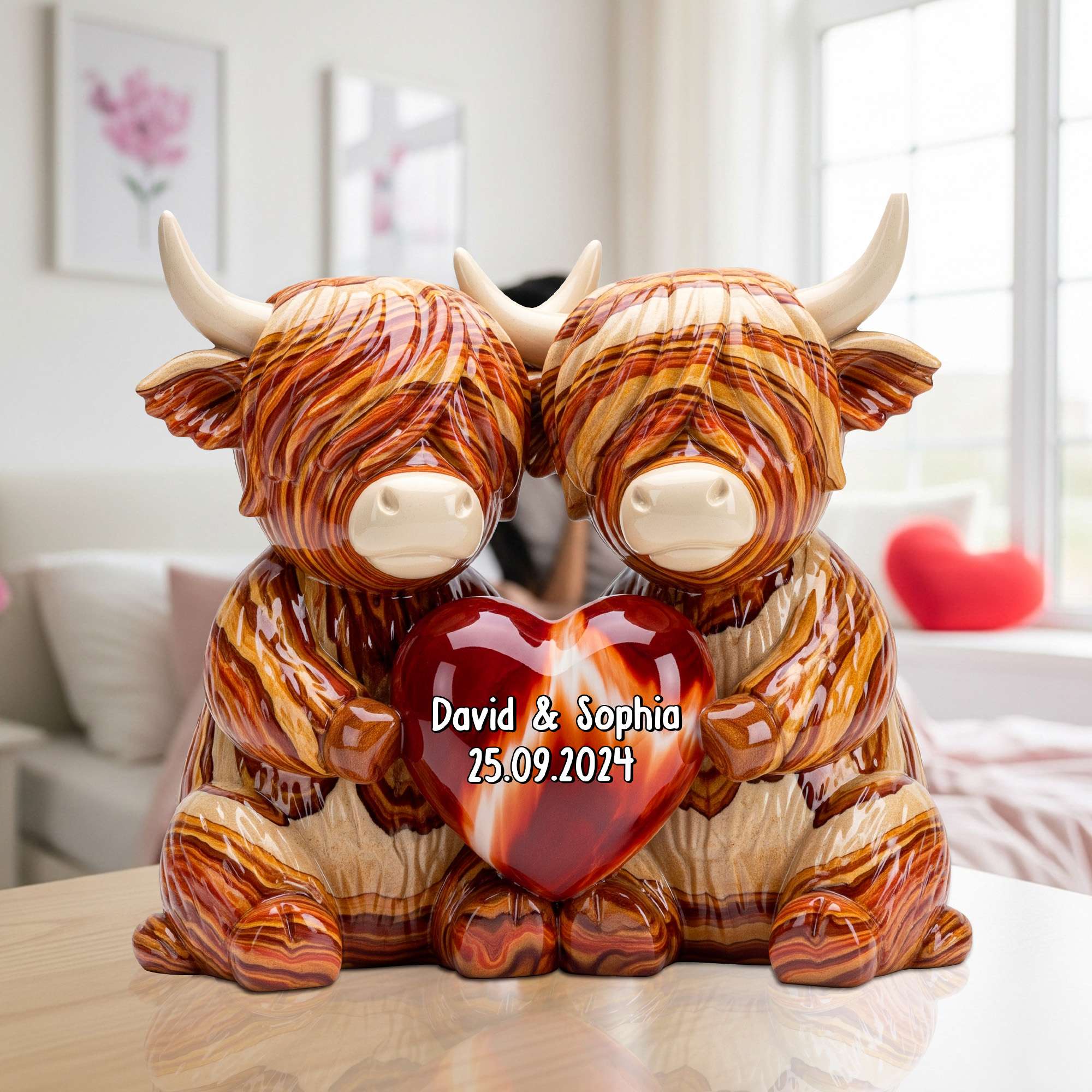 🐂Personalized Couple Highland Cow Heart Tabletop Ornament✨
