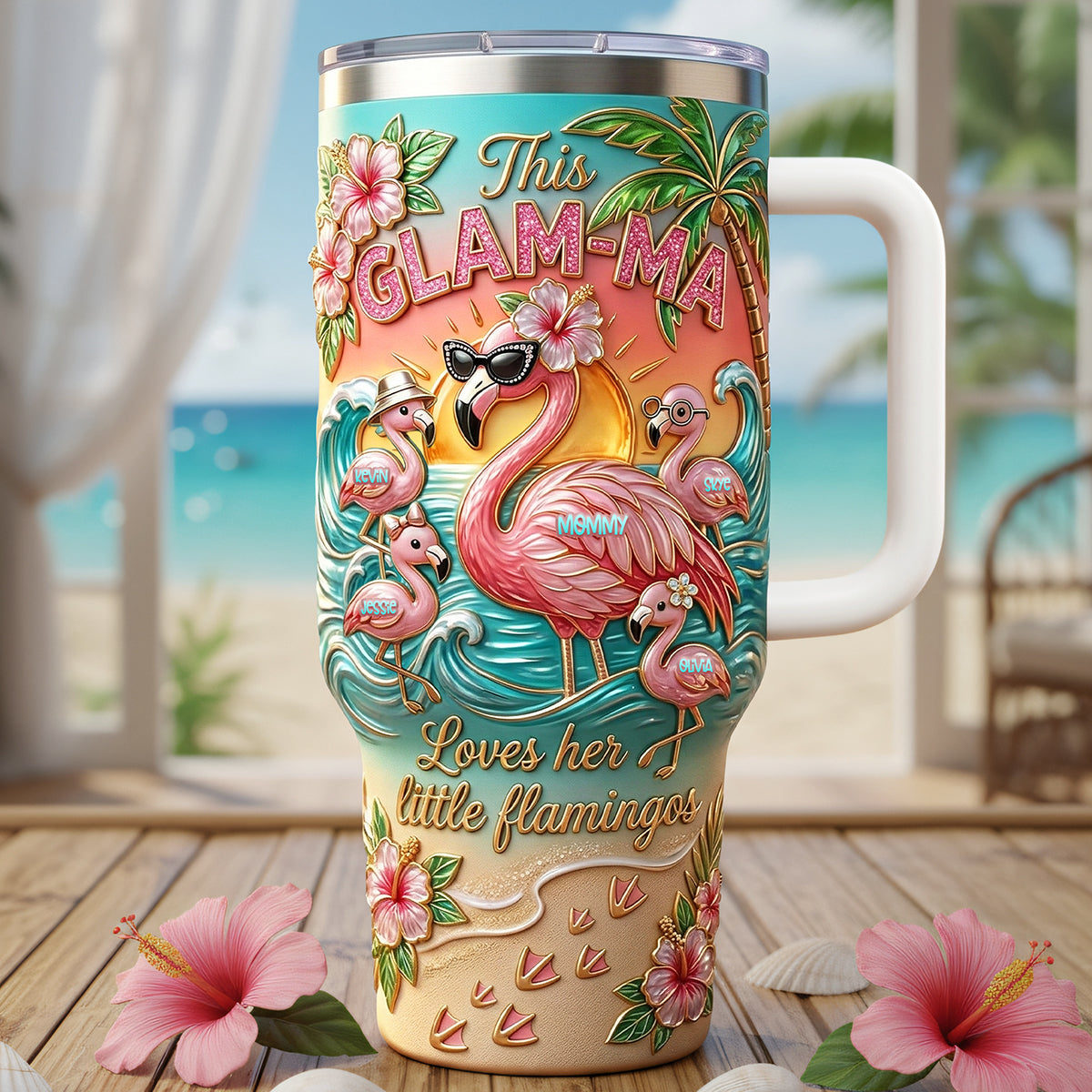 🌺Personalized This Glam-Ma Loves Her Little Flamingos 40oz Handle Tumbler✨