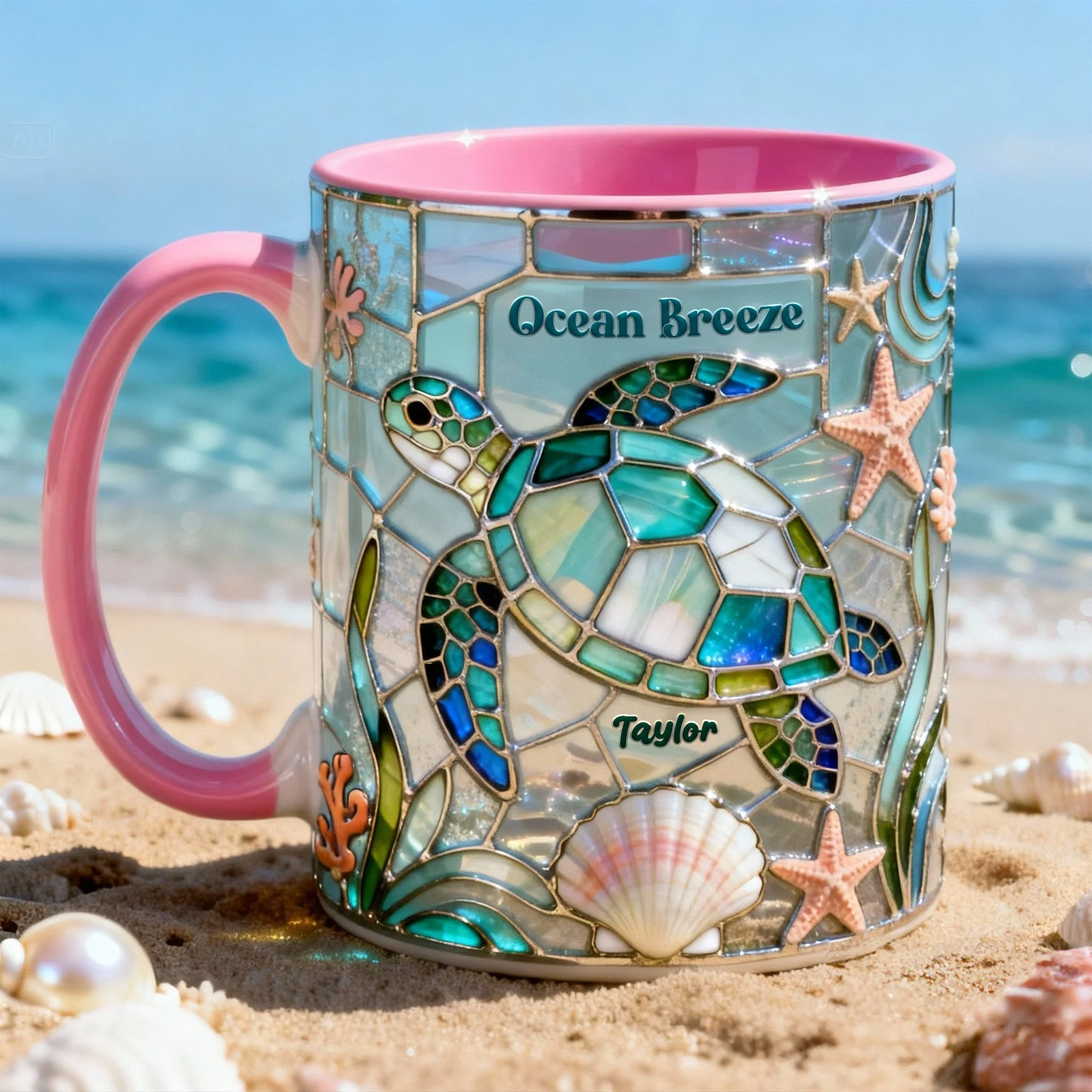 🐢Personalized Stained Glass Sea Turtle Ocean Breeze Coffee Mug✨