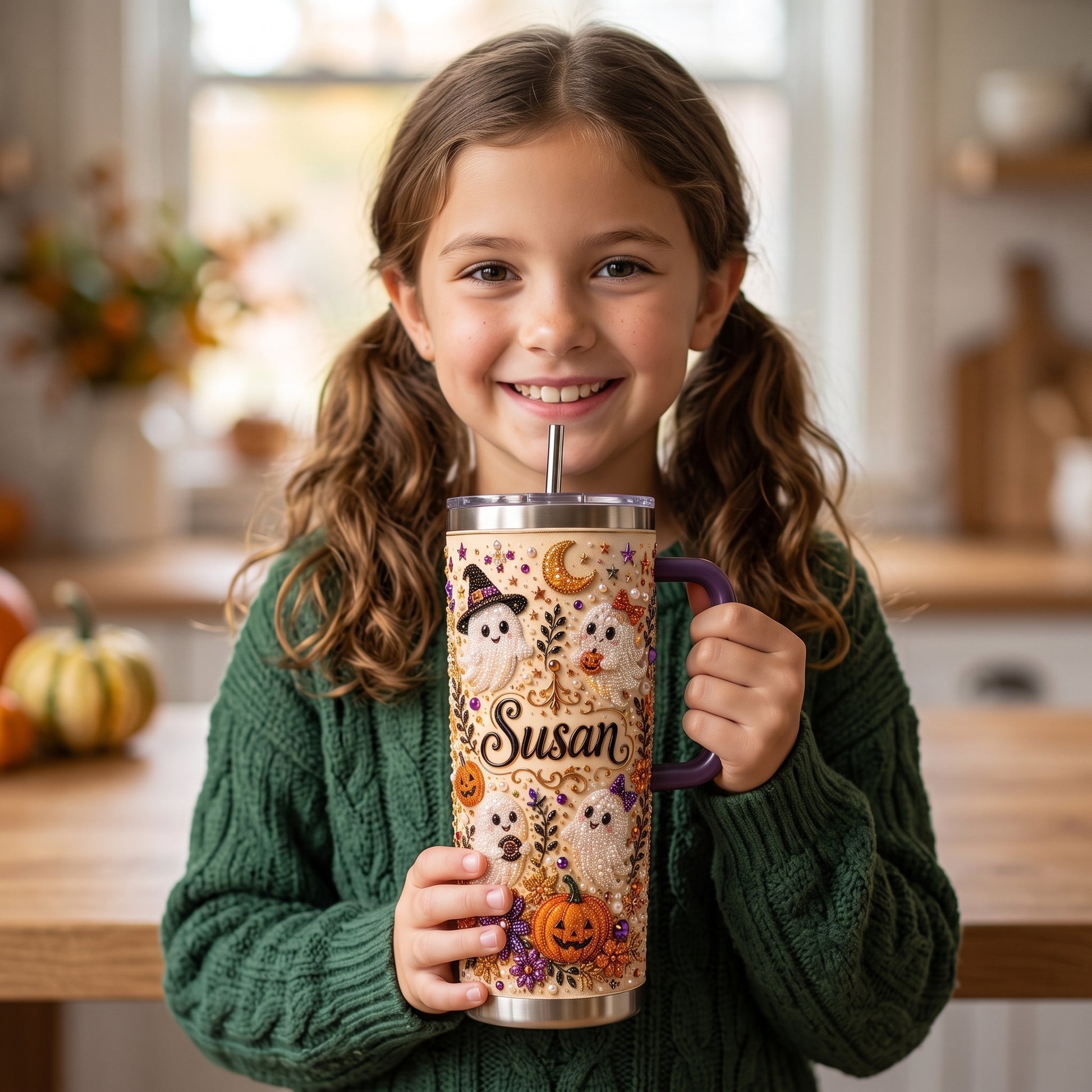 🎃 Personalized Halloween Ghost Pearl Tumbler – A Spooky-Cute Gift Made Just For Her 👻🥤