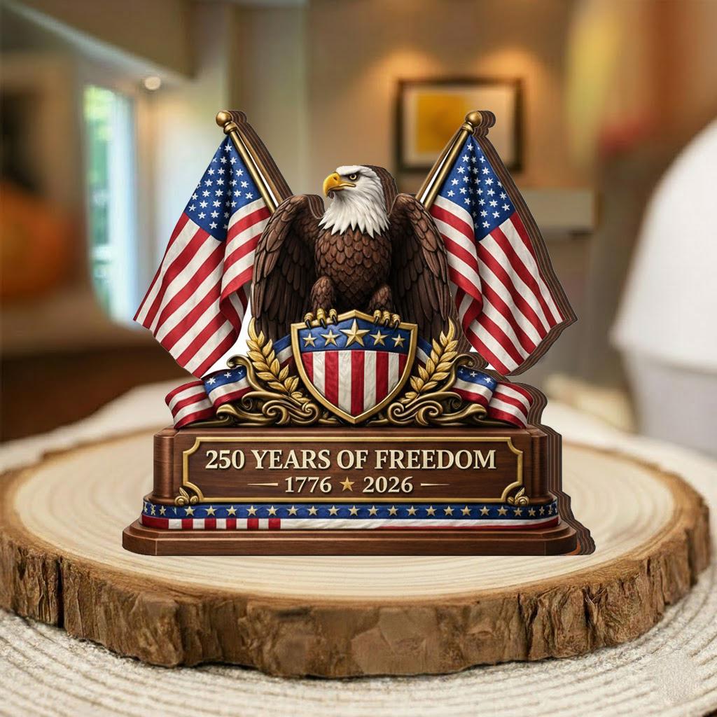 250 Years of Freedom Wooden Block 1776 2026 Patriotic American Eagle Tabletop Decor