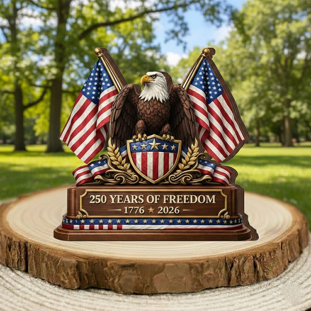 250 Years of Freedom Wooden Block 1776 2026 Patriotic American Eagle Tabletop Decor
