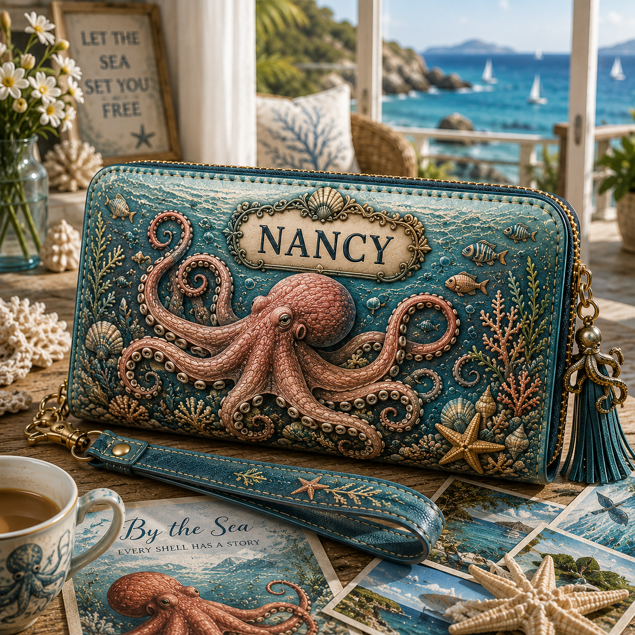 Personalized Ocean Life Zip-Around Wristlet Wallet 🌊🐢