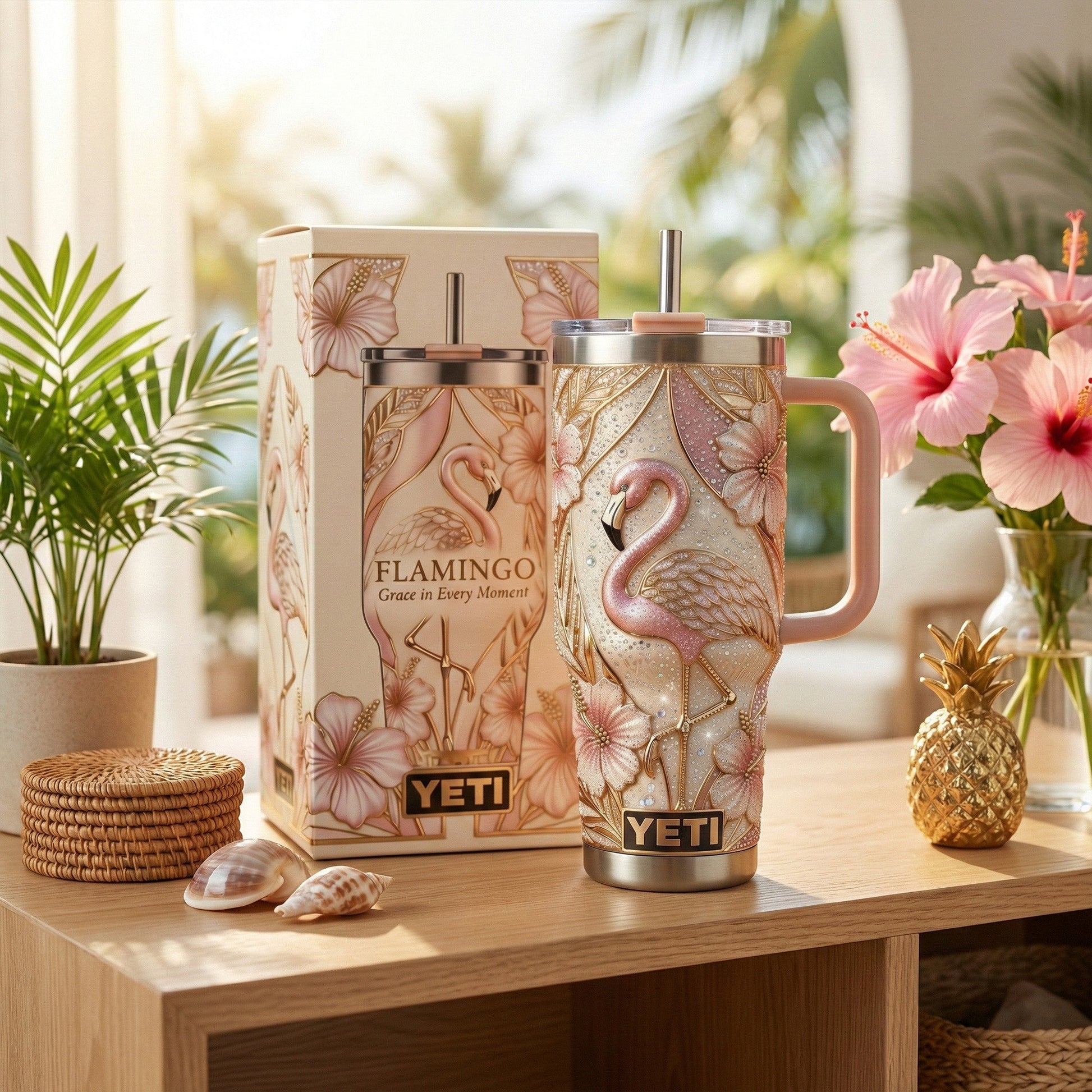 🦩Pink Flamingo Hibiscus 40oz Handle Tumbler✨
