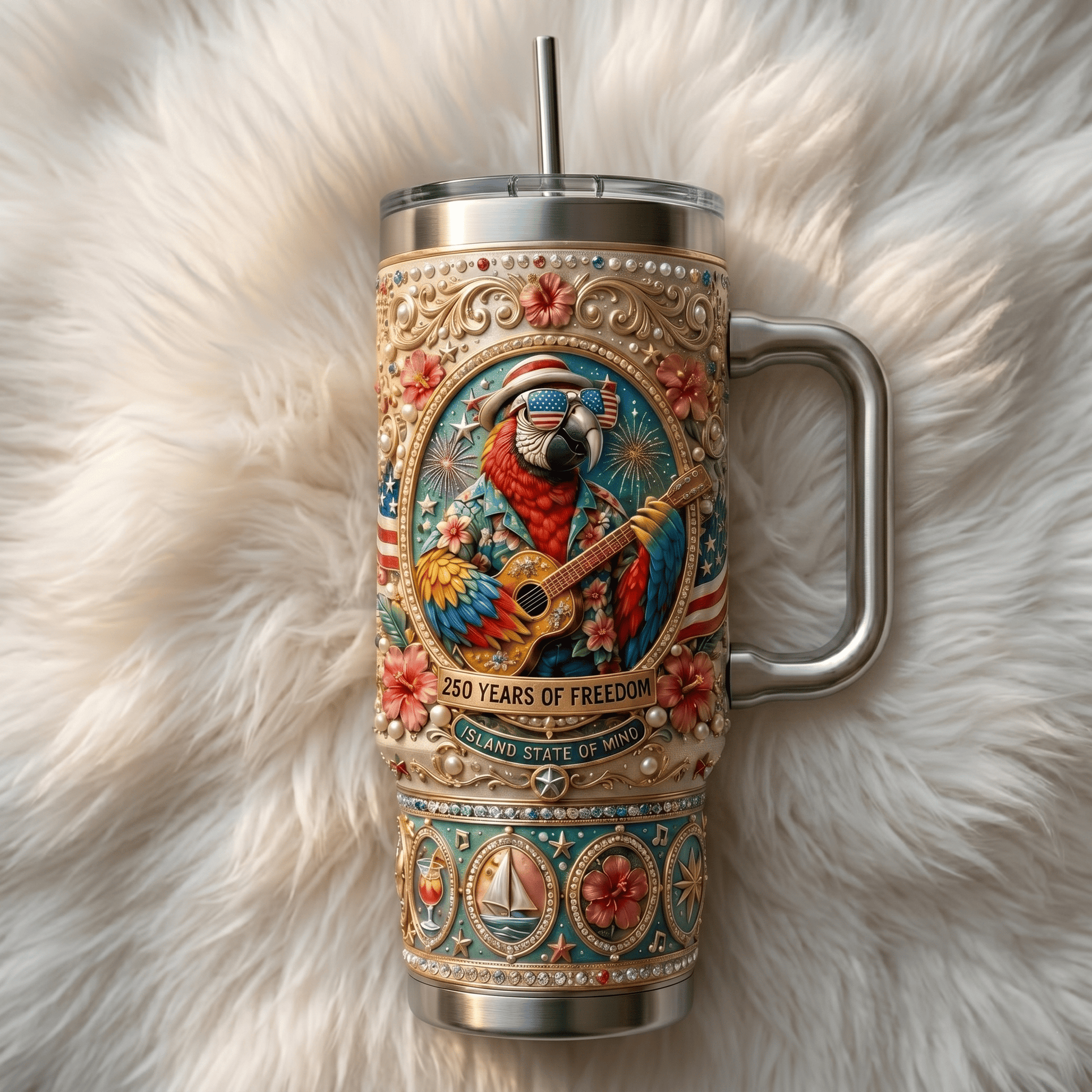 🦜Jimmy Buffett Parrot Island State Of Mind 40oz Handle Tumbler✨