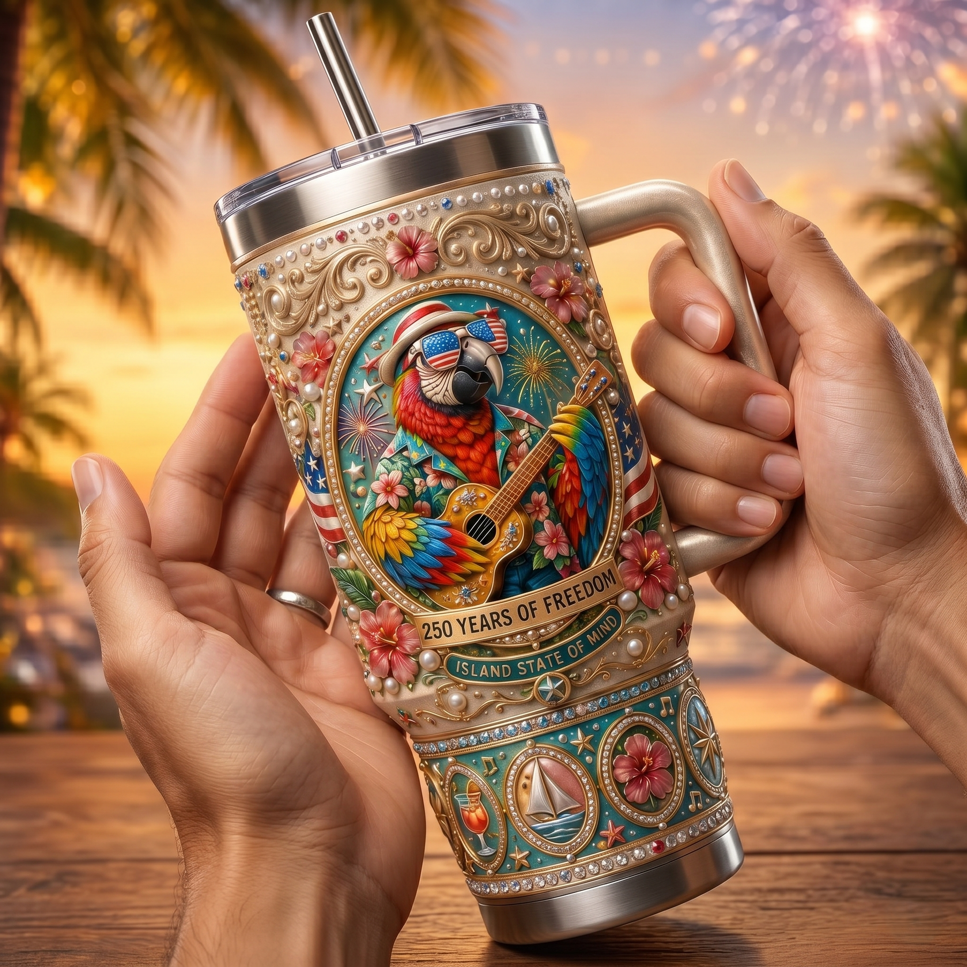 🦜Jimmy Buffett Parrot Island State Of Mind 40oz Handle Tumbler✨
