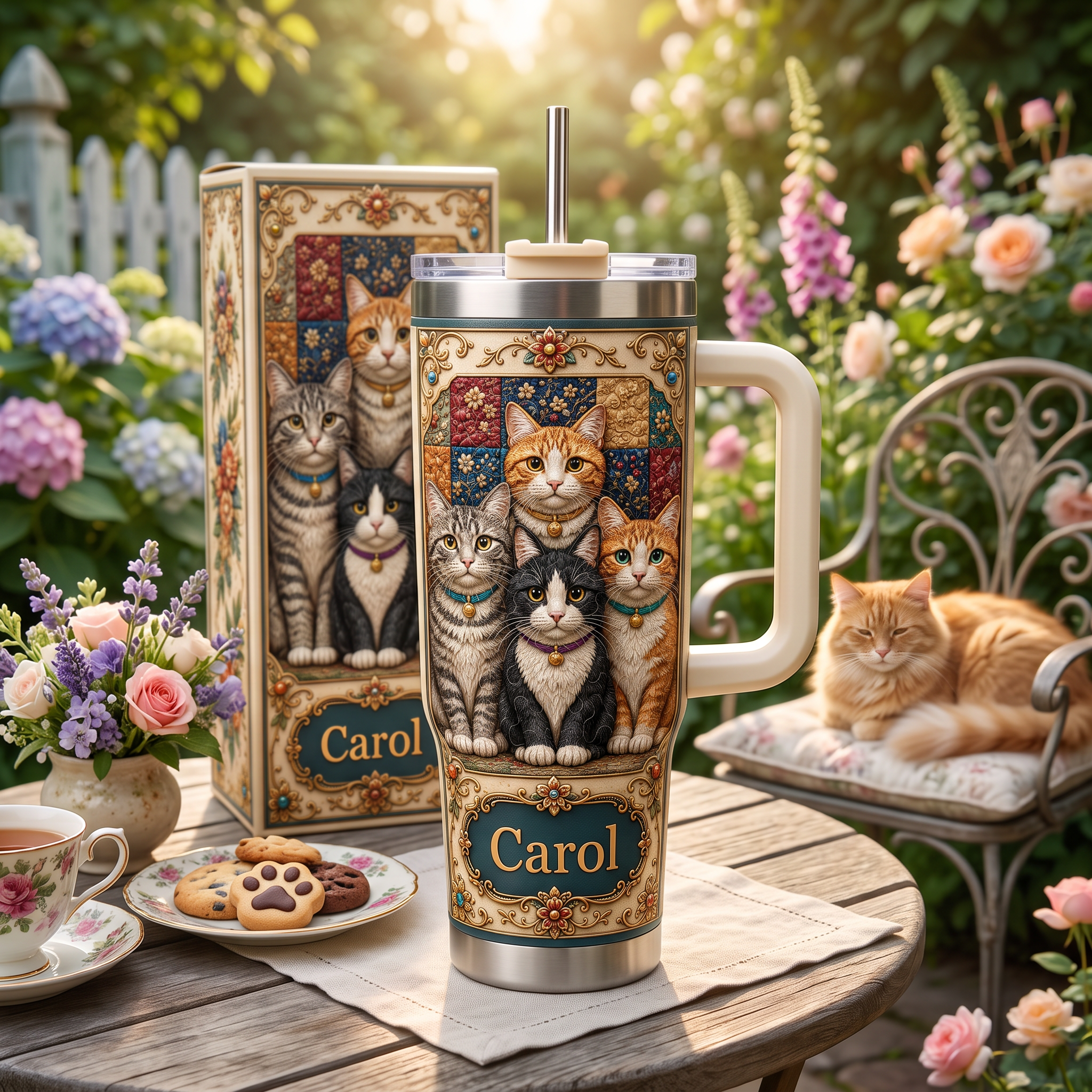 Personalized Vintage Patchwork Cat Tumbler 🐱🎄
