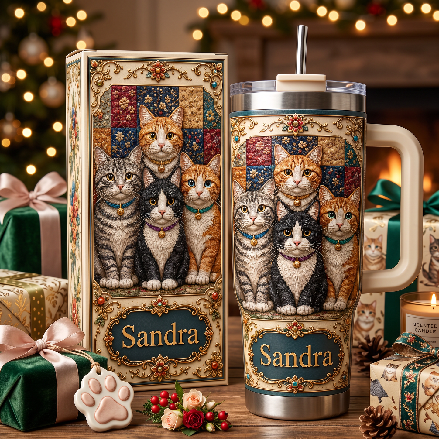 Personalized Vintage Patchwork Cat Tumbler 🐱🎄