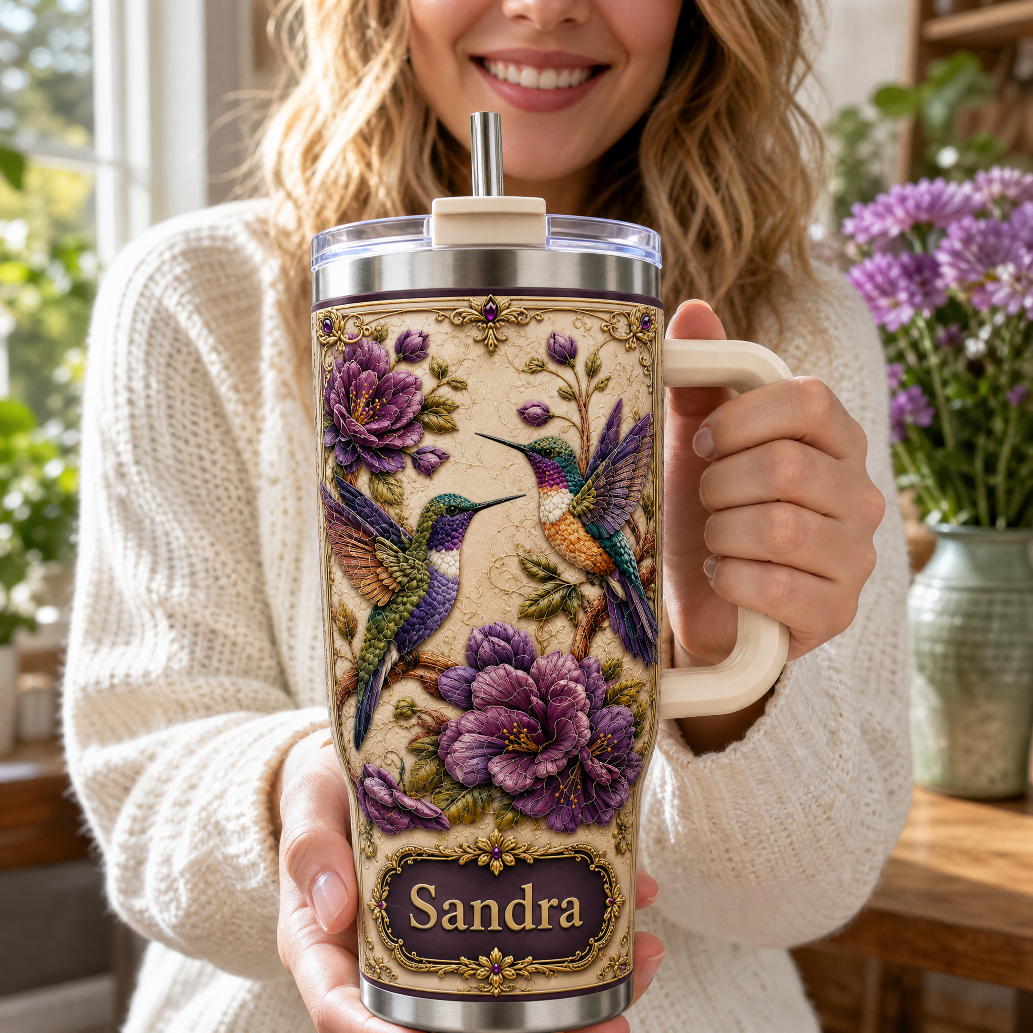 Personalized Vintage Purple Peony Hummingbird Tumbler 🐦💜
