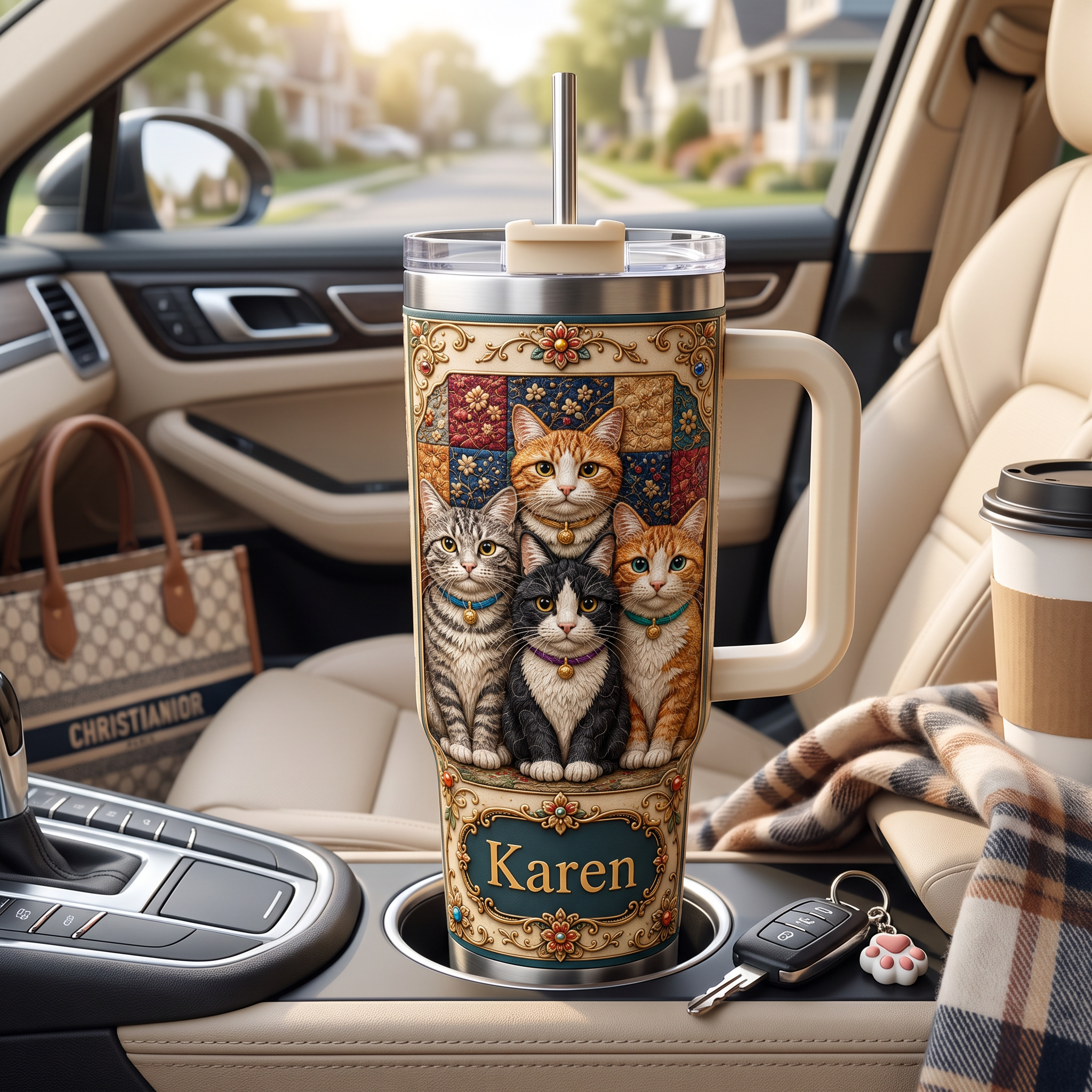 Personalized Vintage Patchwork Cat Tumbler 🐱🎄