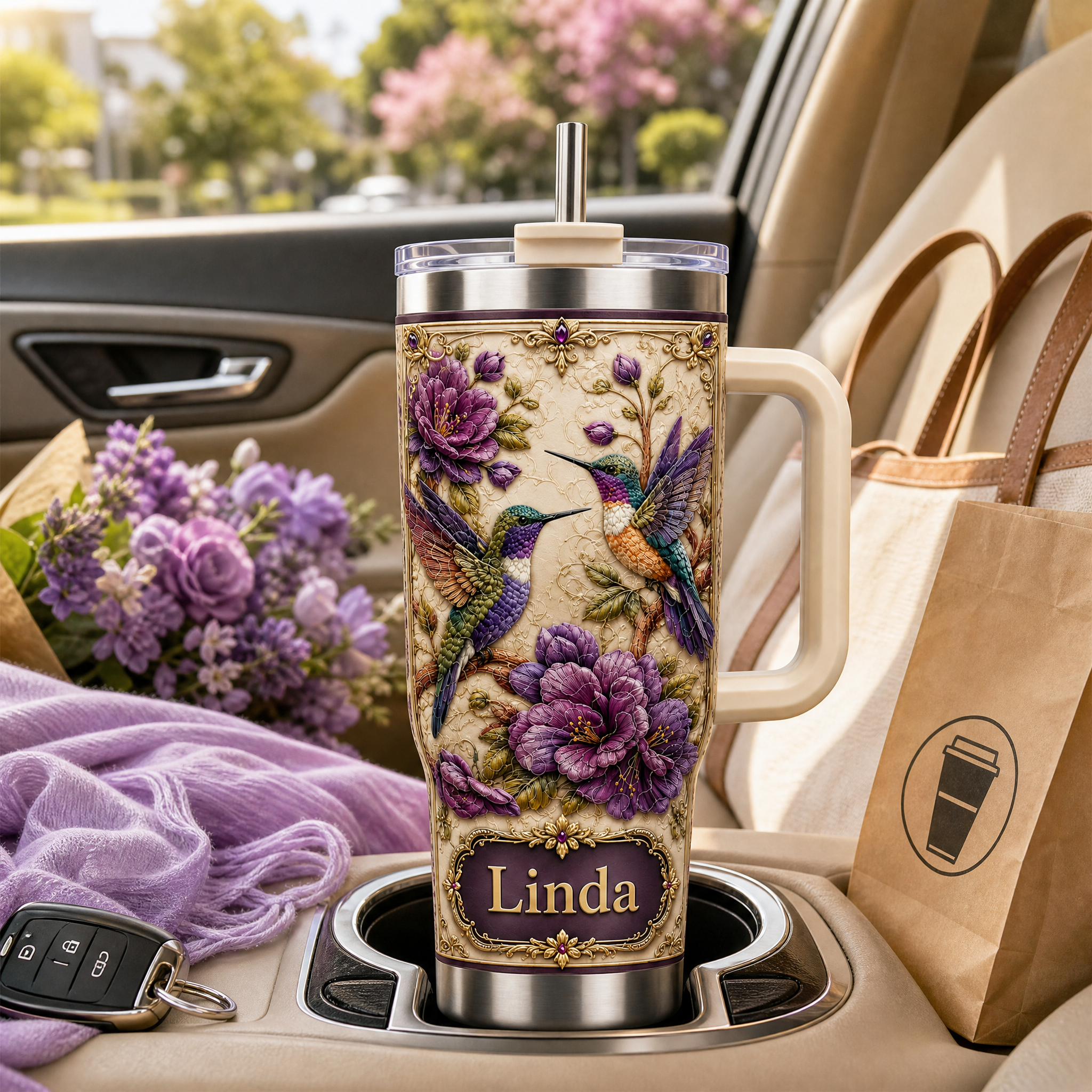 Personalized Vintage Purple Peony Hummingbird Tumbler 🐦💜