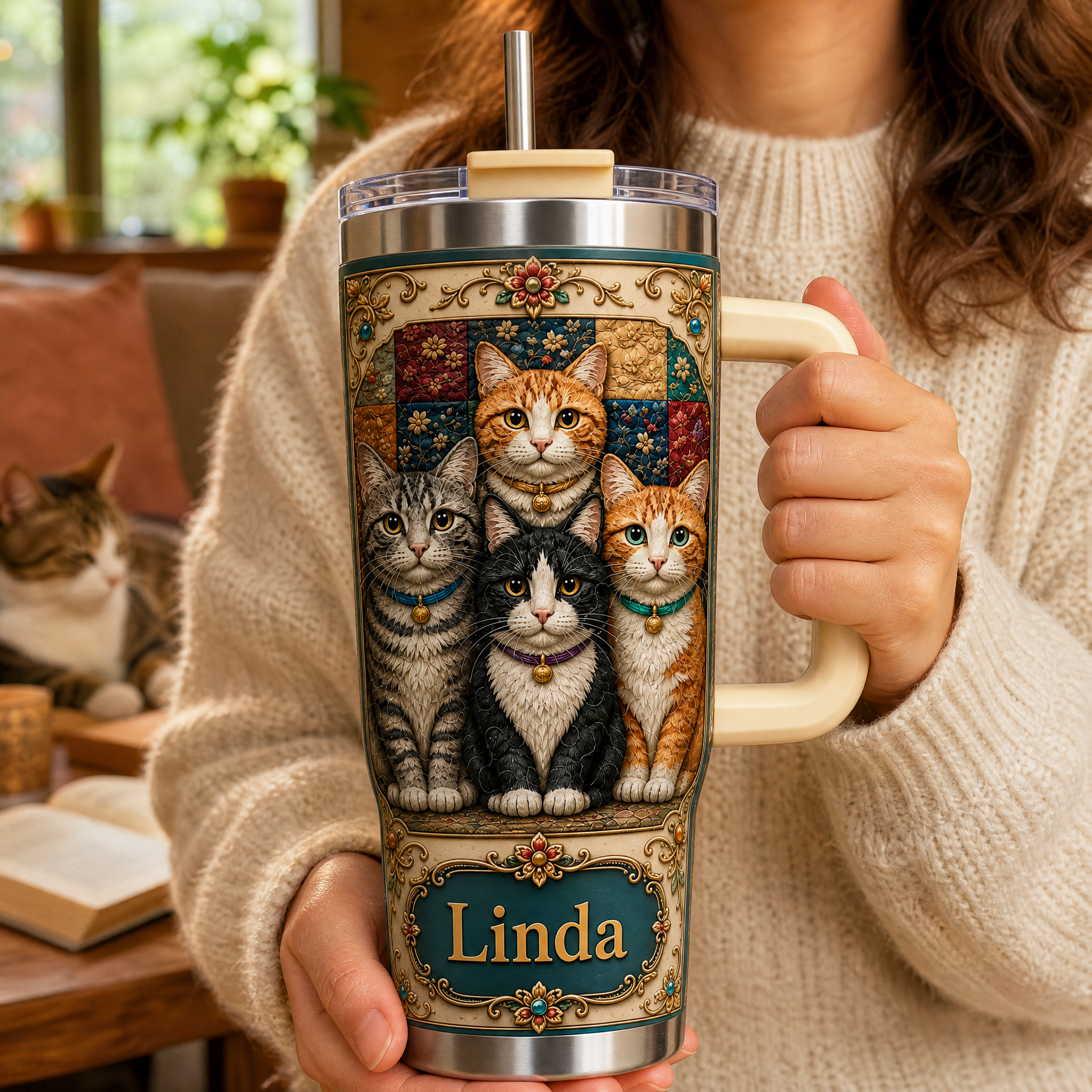 Personalized Vintage Patchwork Cat Tumbler 🐱🎄