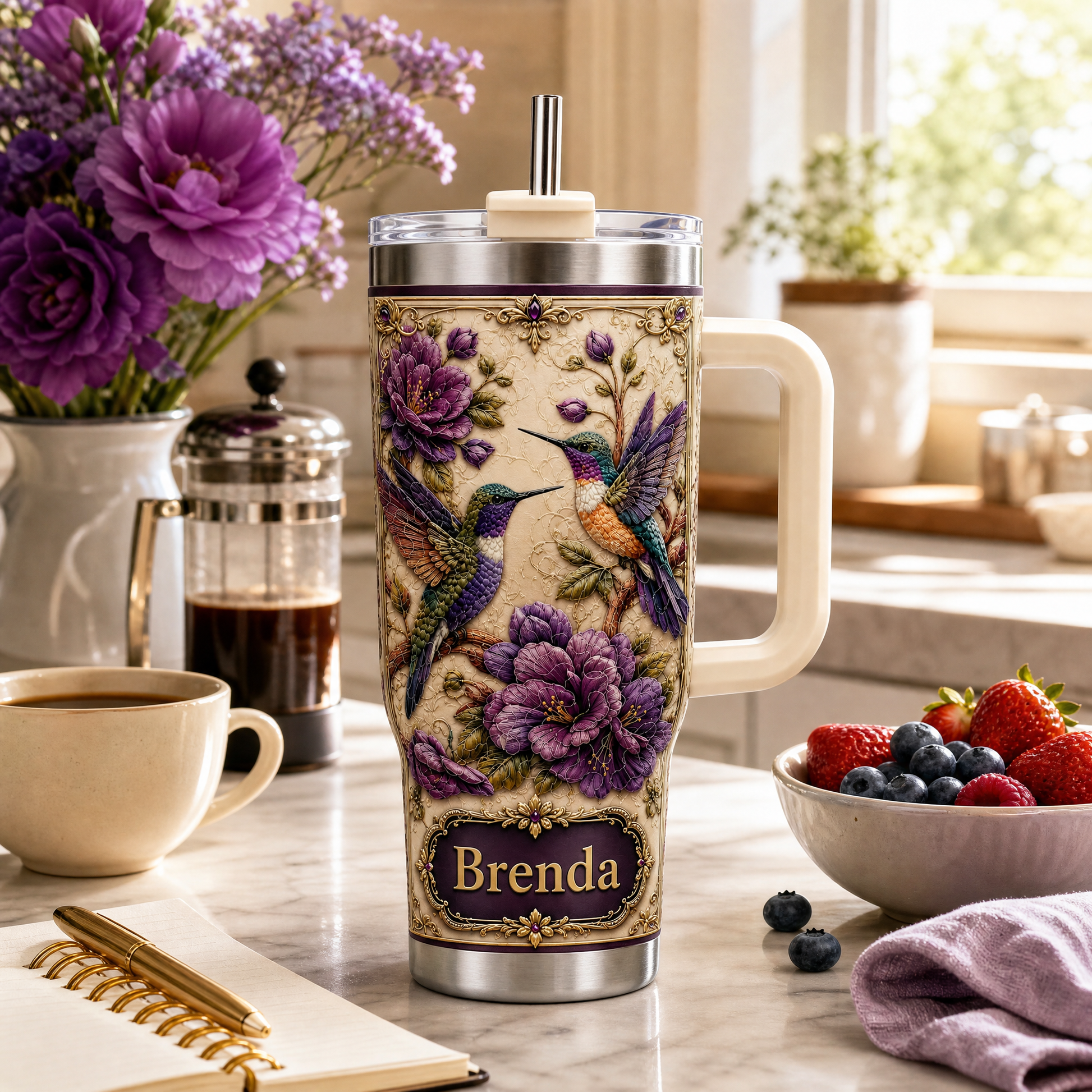 Personalized Vintage Purple Peony Hummingbird Tumbler 🐦💜
