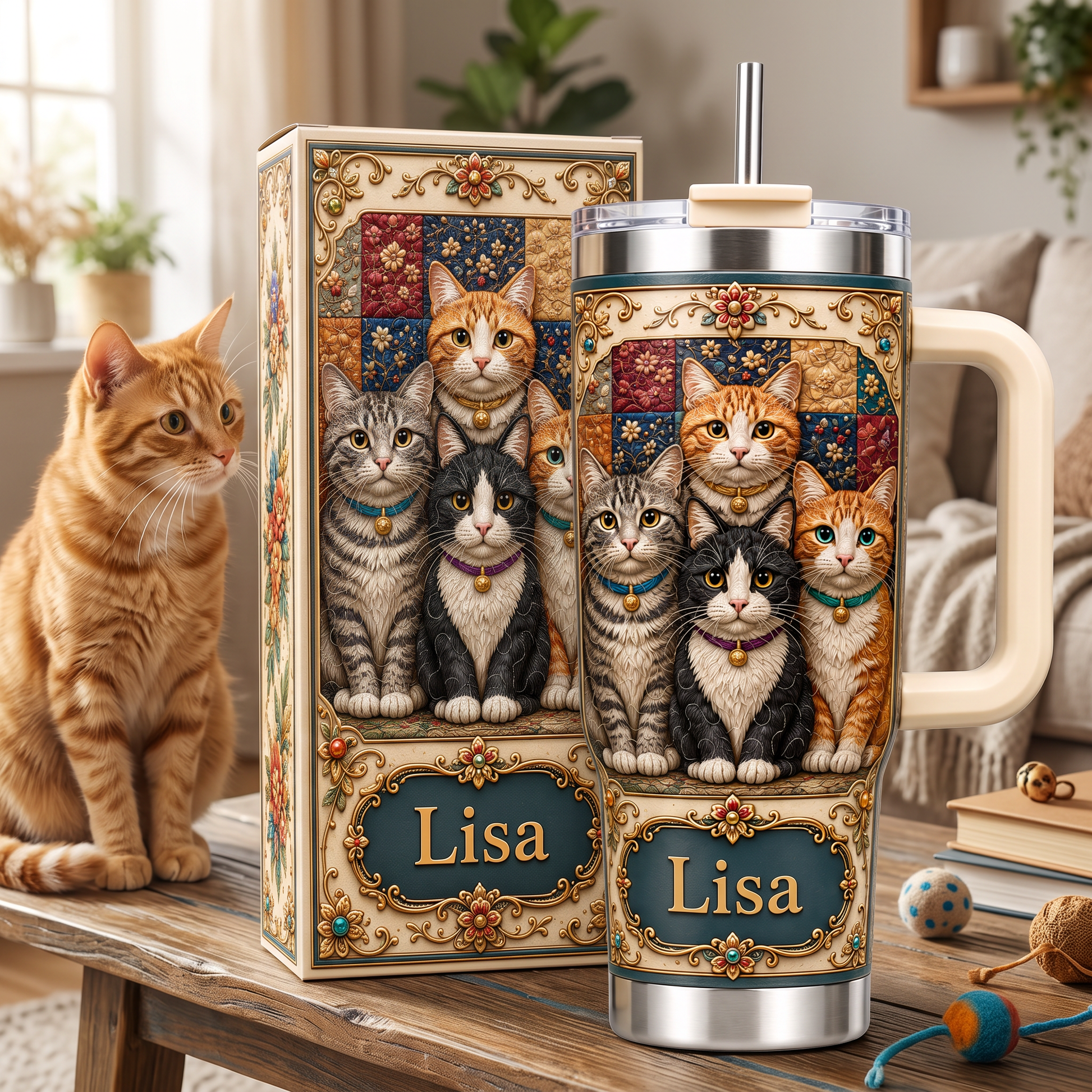 Personalized Vintage Patchwork Cat Tumbler 🐱🎄