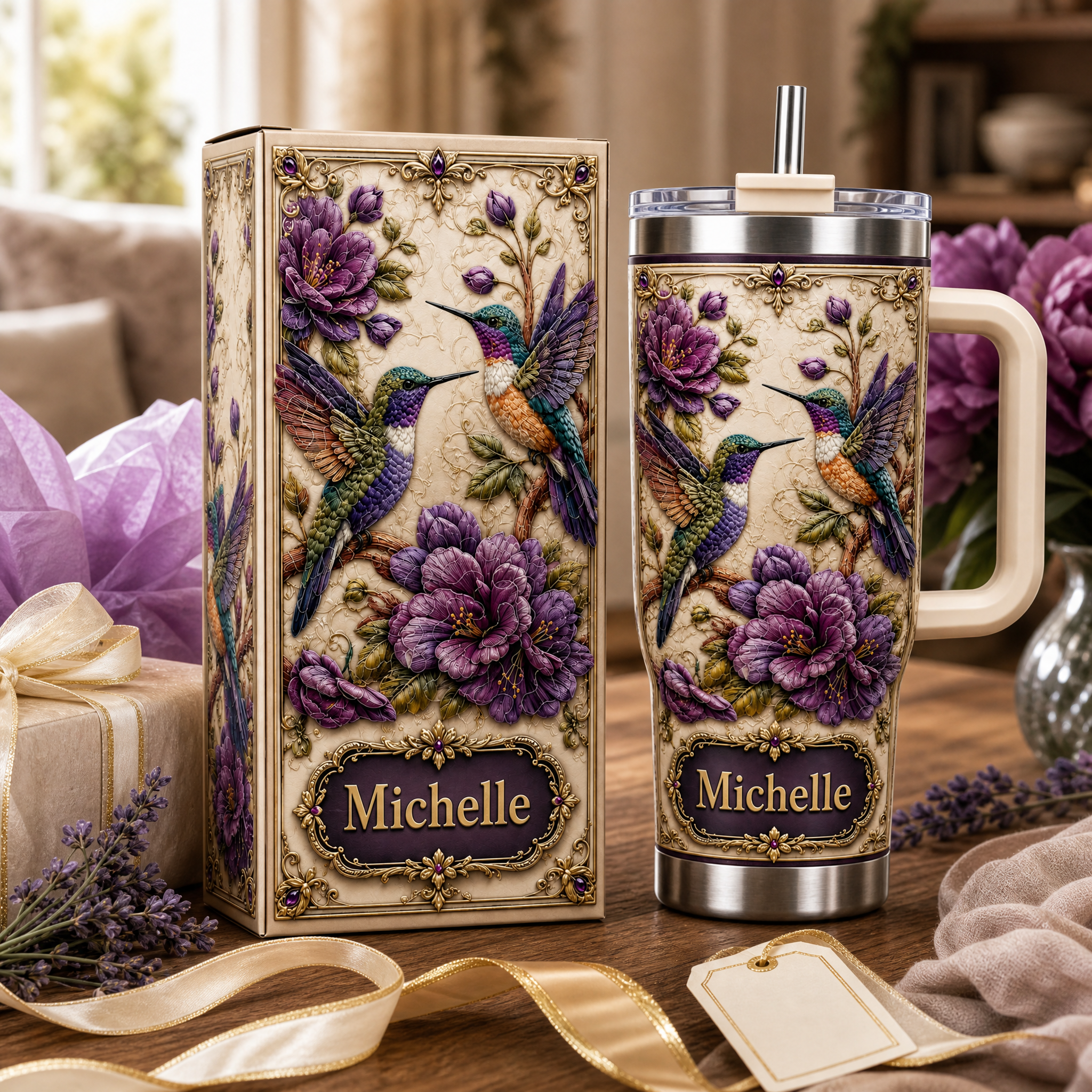 Personalized Vintage Purple Peony Hummingbird Tumbler 🐦💜