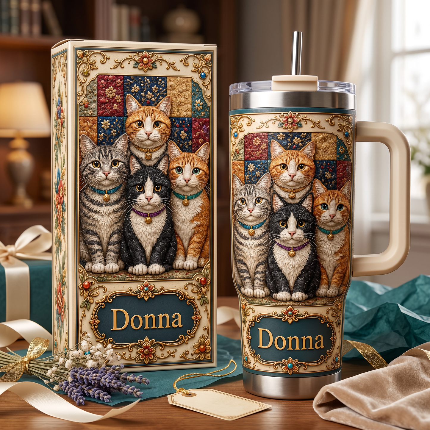 Personalized Vintage Patchwork Cat Tumbler 🐱🎄