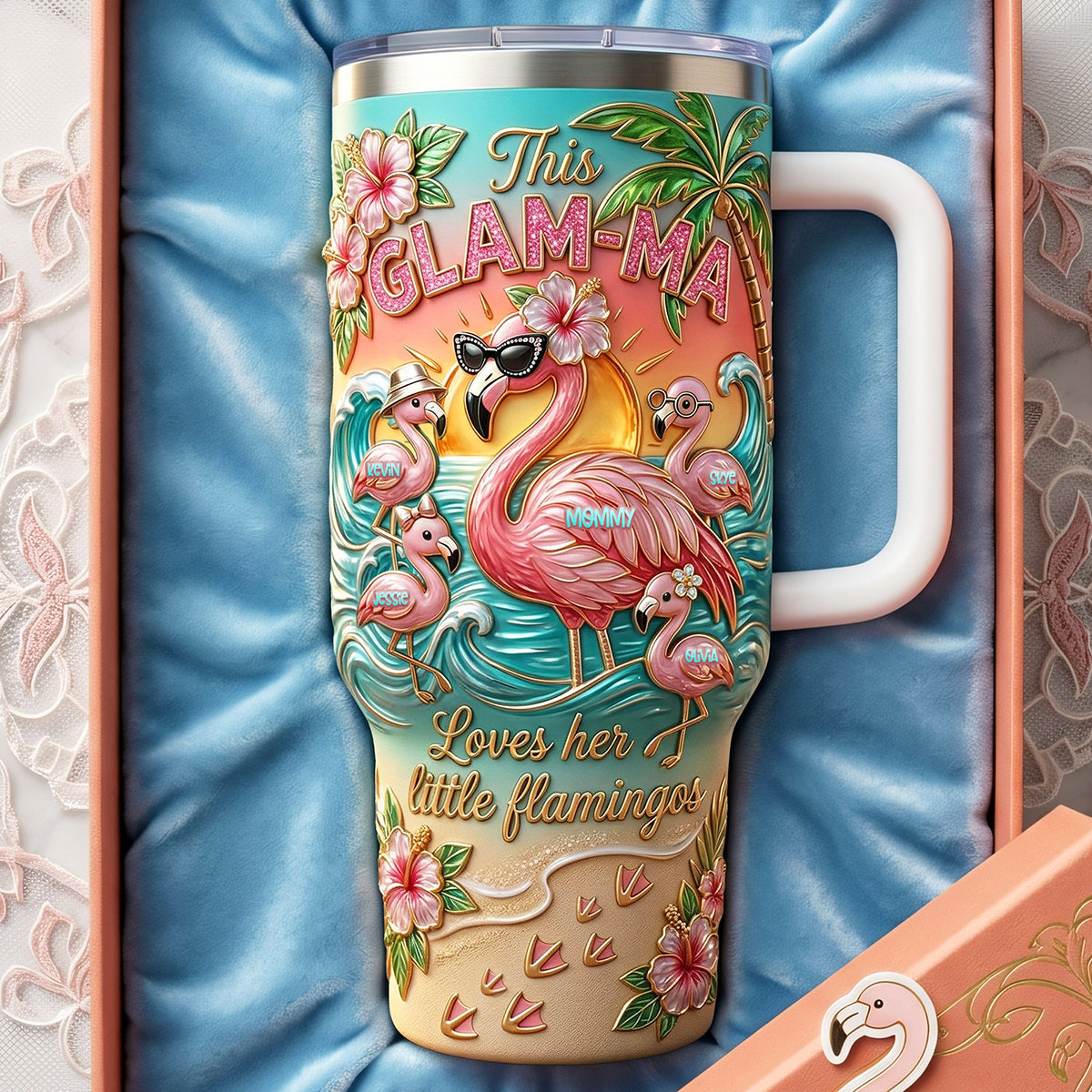 🌺Personalized This Glam-Ma Loves Her Little Flamingos 40oz Handle Tumbler✨