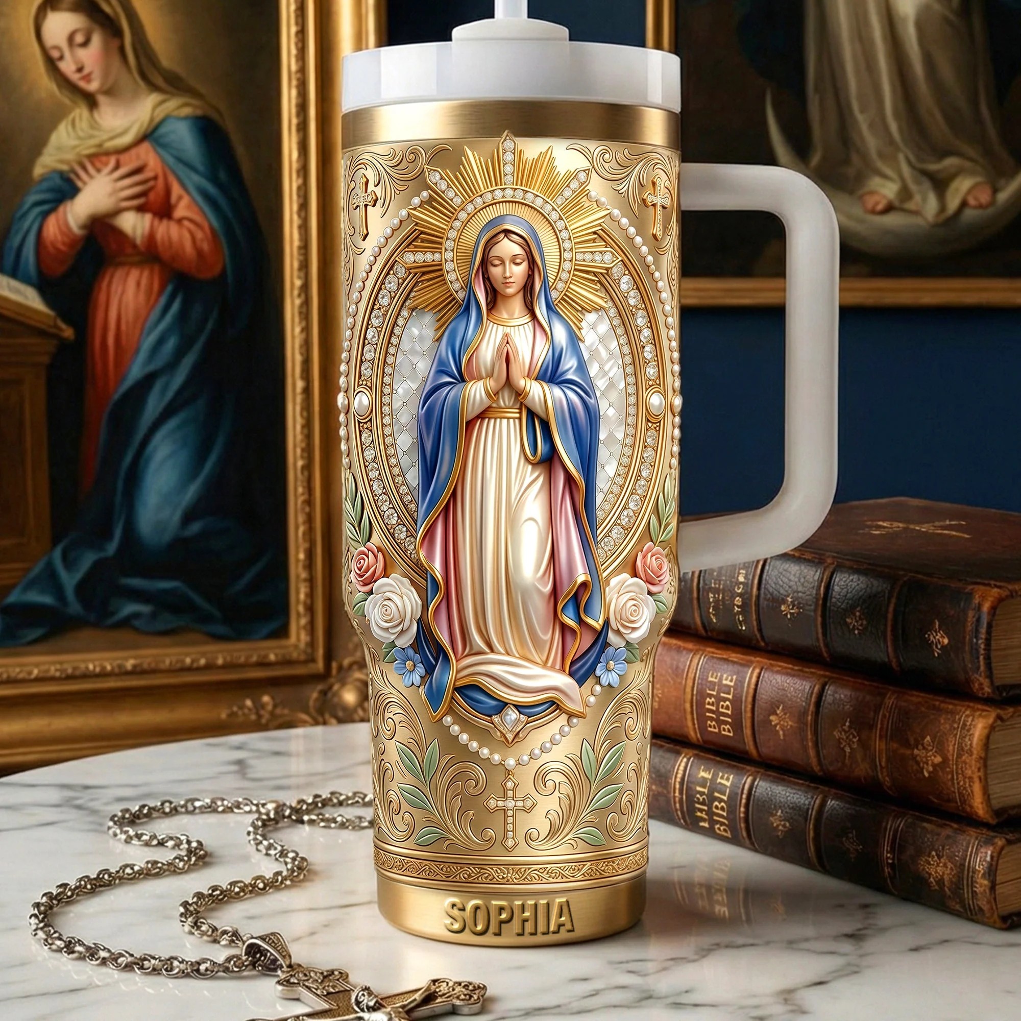 🙏Personalized Virgin Mary 40oz Handle Tumbler✨