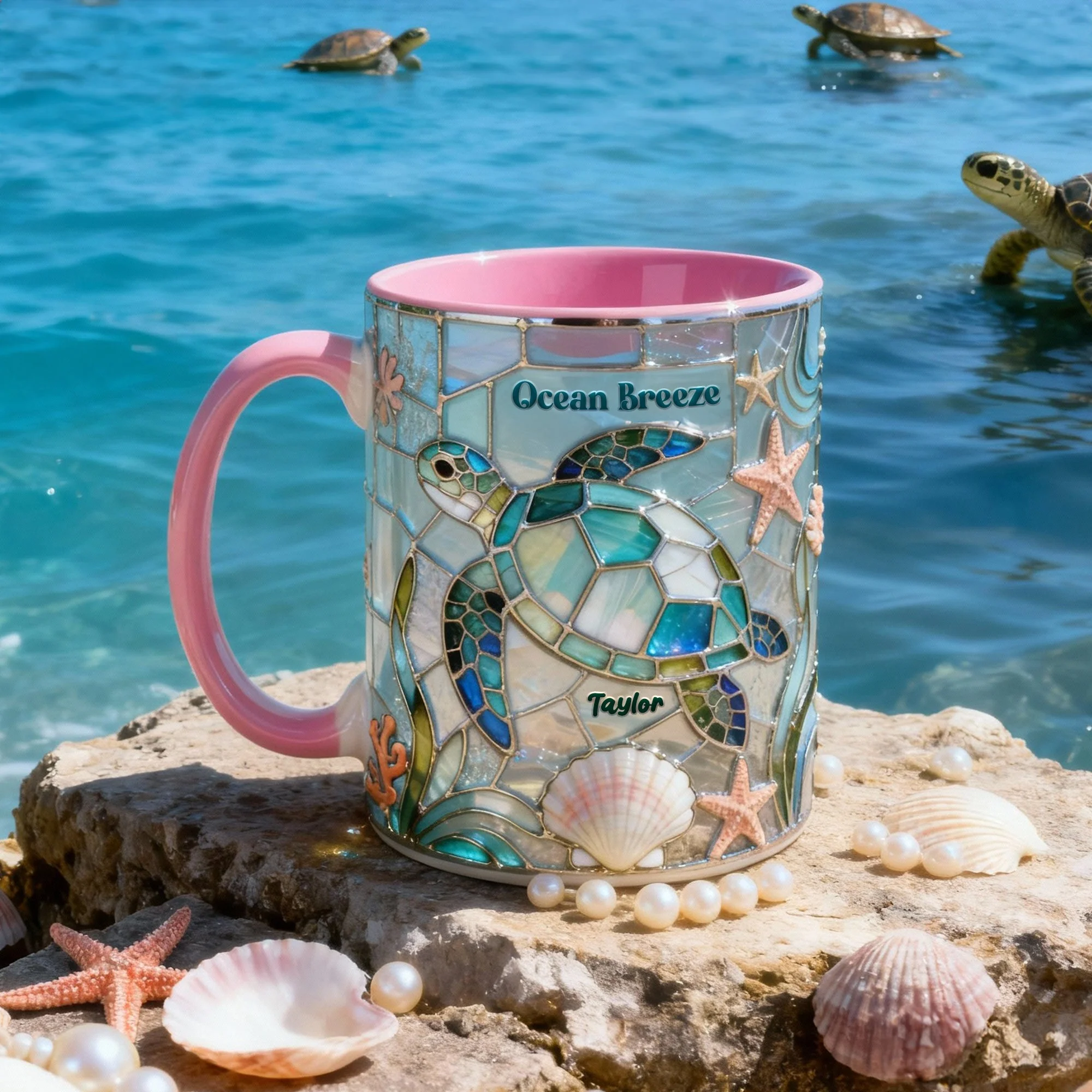 🐢Personalized Stained Glass Sea Turtle Ocean Breeze Coffee Mug✨