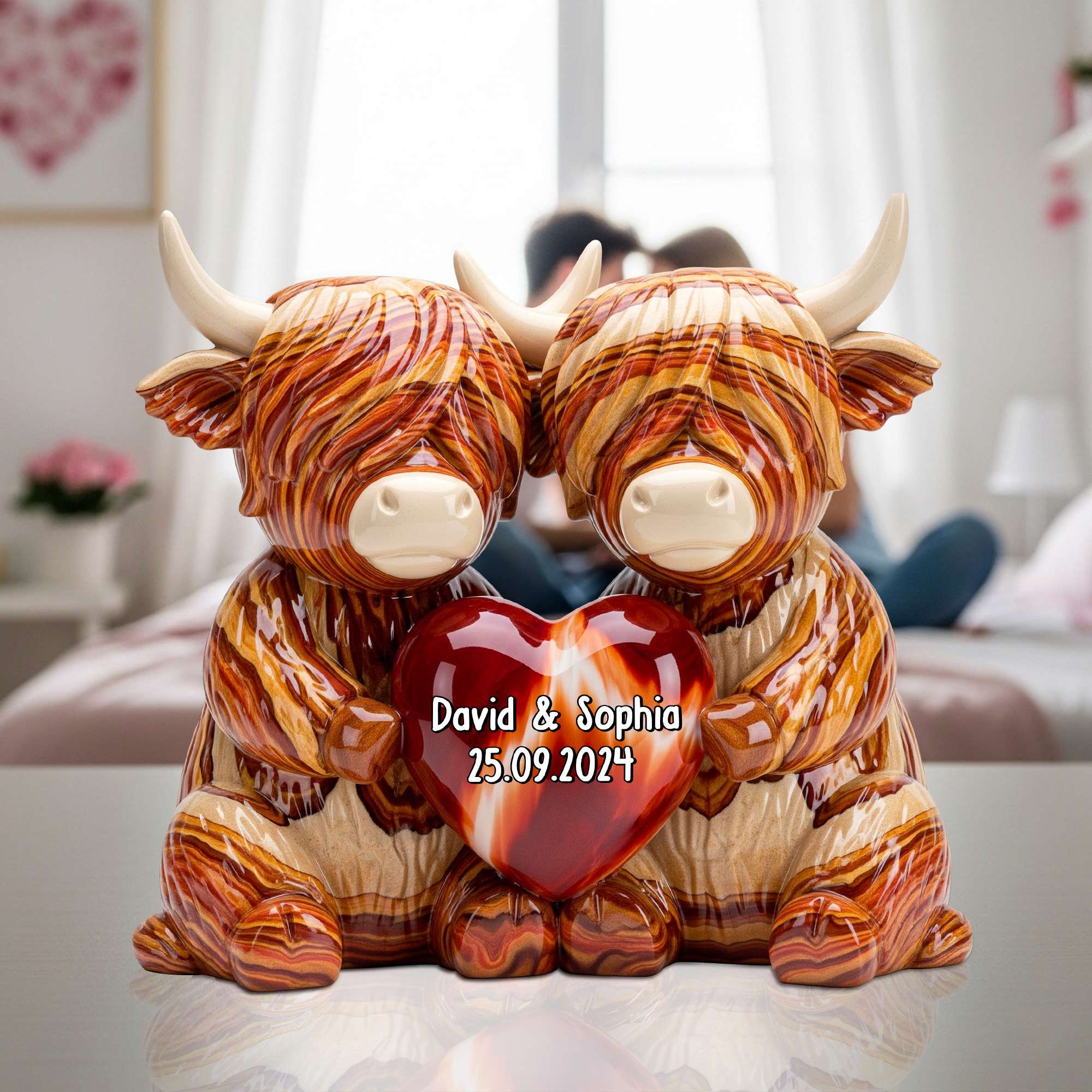 🐂Personalized Couple Highland Cow Heart Tabletop Ornament✨