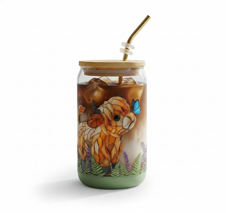Highland Cow Stained Glass Can Glass – Cozy Vibes in Every Sip 🐮🌿🦋