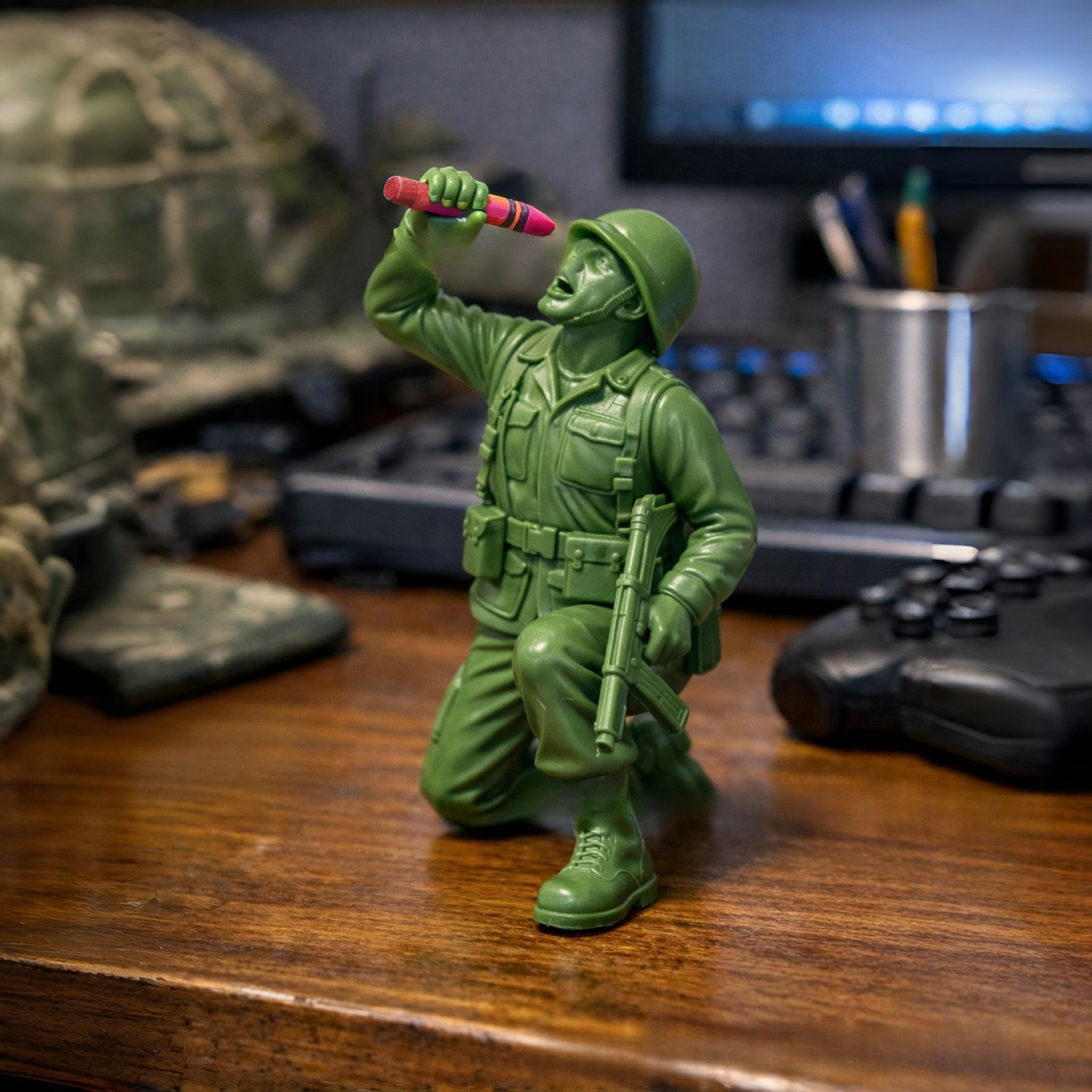 Funny Green Army Soldier Desk Figurine – Grown-Up Edition ☕🍴😂🇺🇸