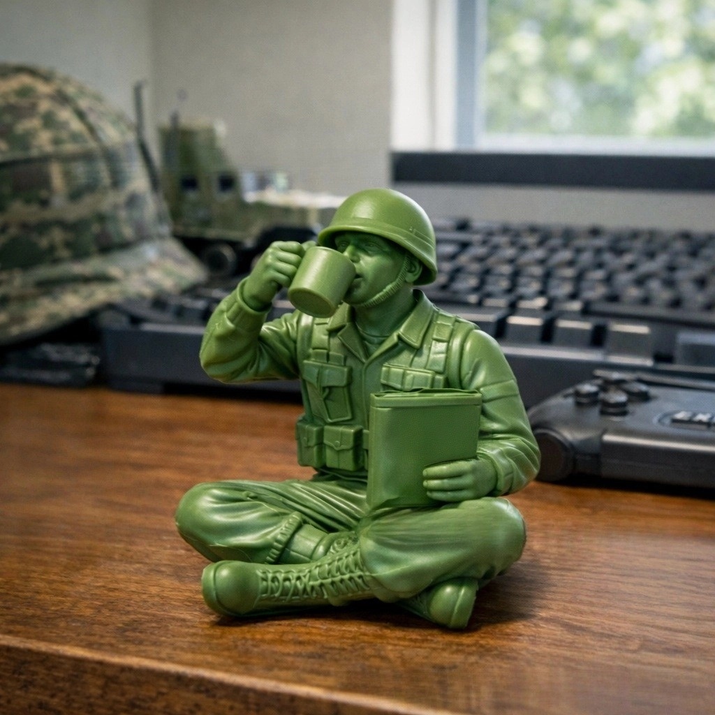 Funny Green Army Soldier Desk Figurine – Grown-Up Edition ☕🍴😂🇺🇸