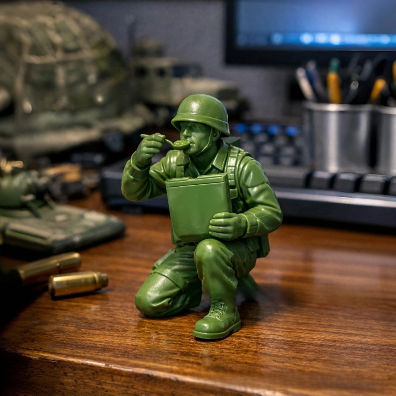 Funny Green Army Soldier Desk Figurine – Grown-Up Edition ☕🍴😂🇺🇸
