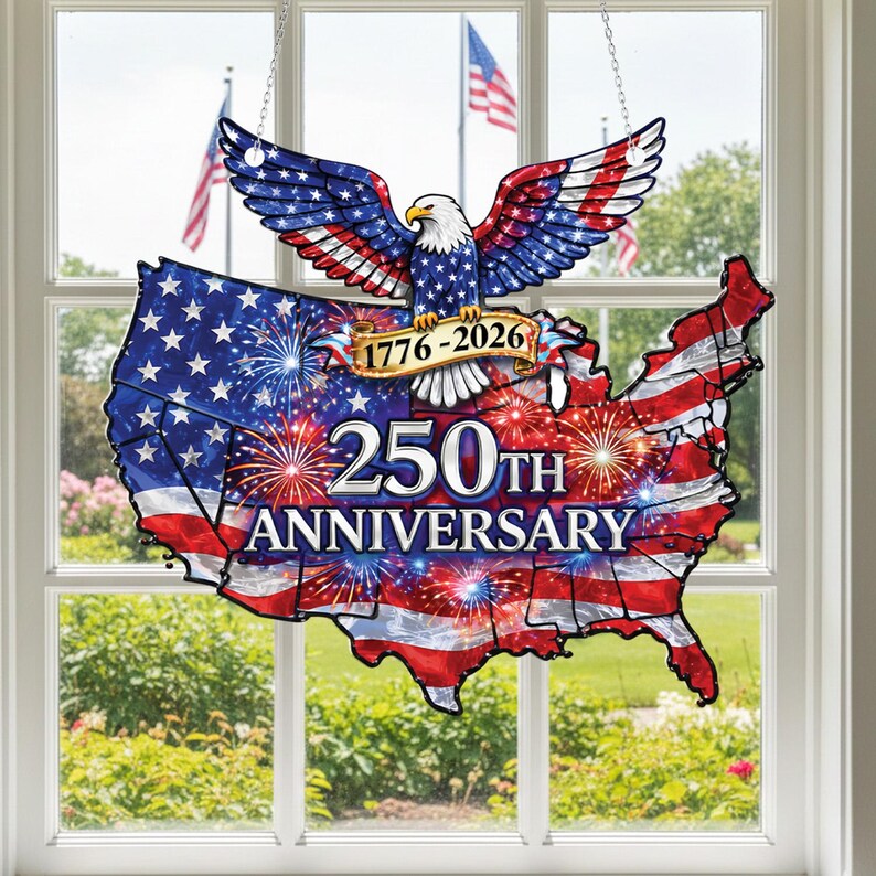 USA 250th Anniversary Stained Glass Window Hanging – Proudly Celebrate America's Semiquincentennial 🇺🇸🦅✨