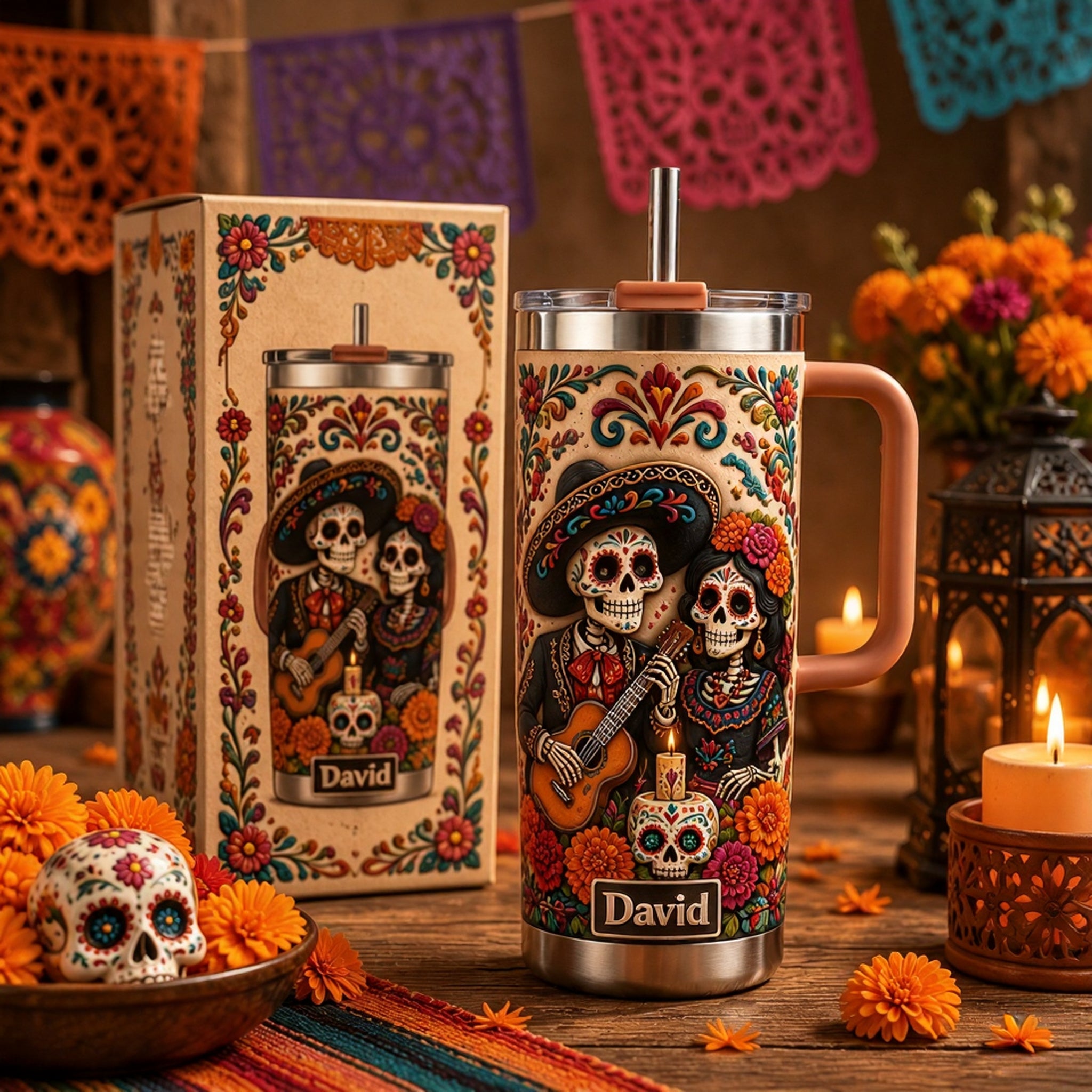 Personalized Day of the Dead Skeleton Couple Tumbler 💀🌼