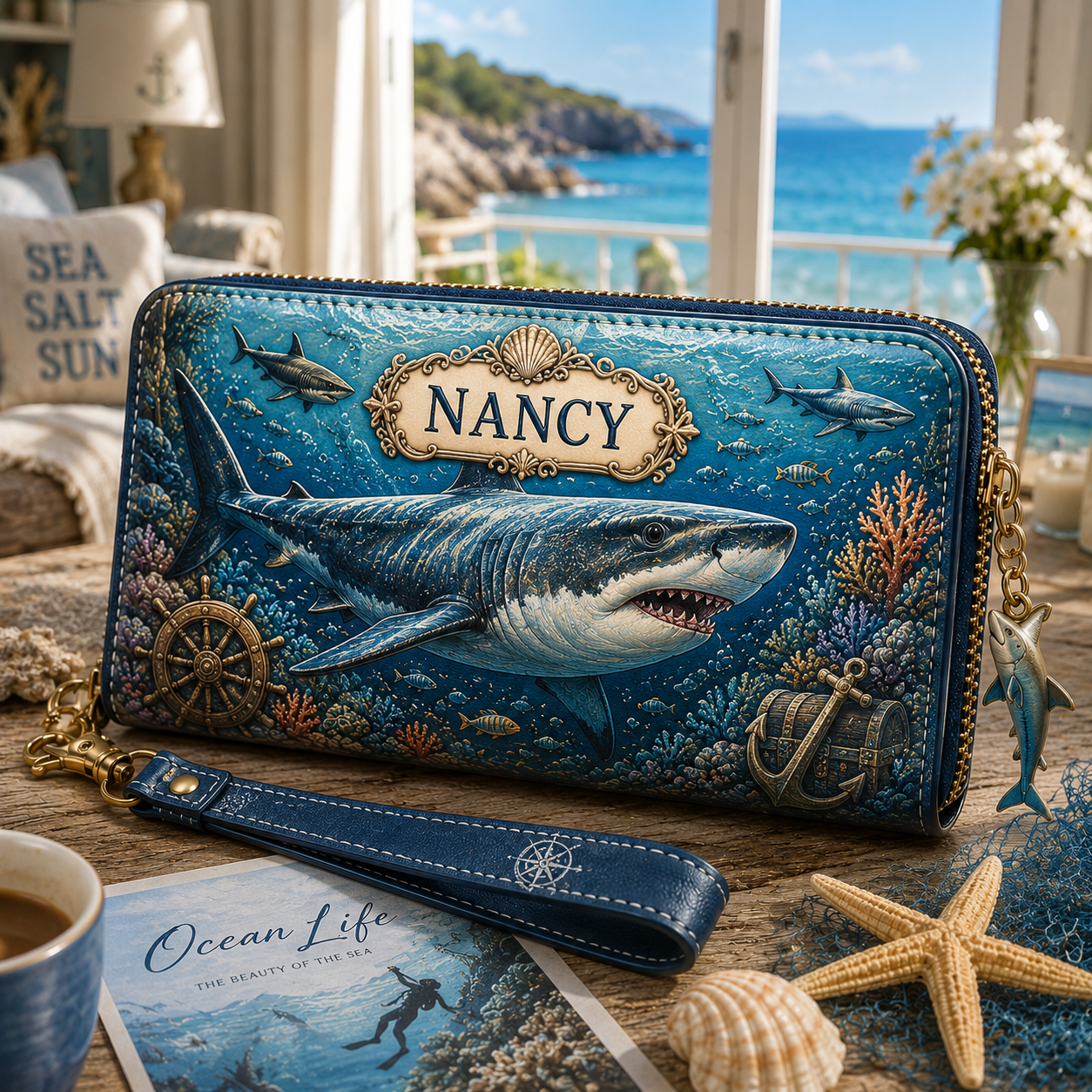 Personalized Ocean Life Zip-Around Wristlet Wallet 🌊🐢