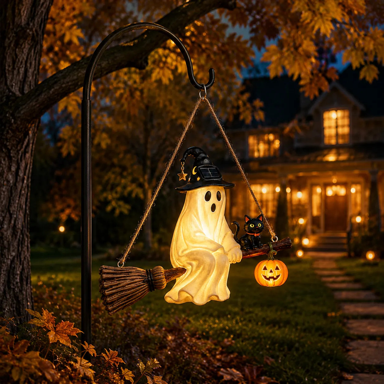 👻Cute Solar Ghost Witch Broom Hanging Light✨