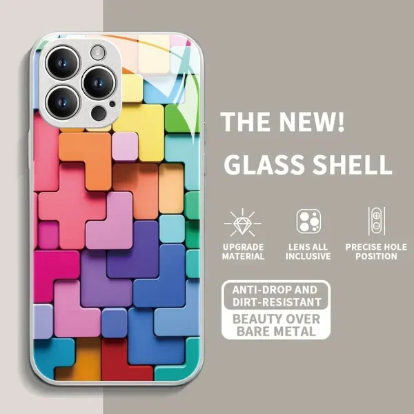 2023 New Flat 3D Square Pattern Glass Case Cover for iPhone