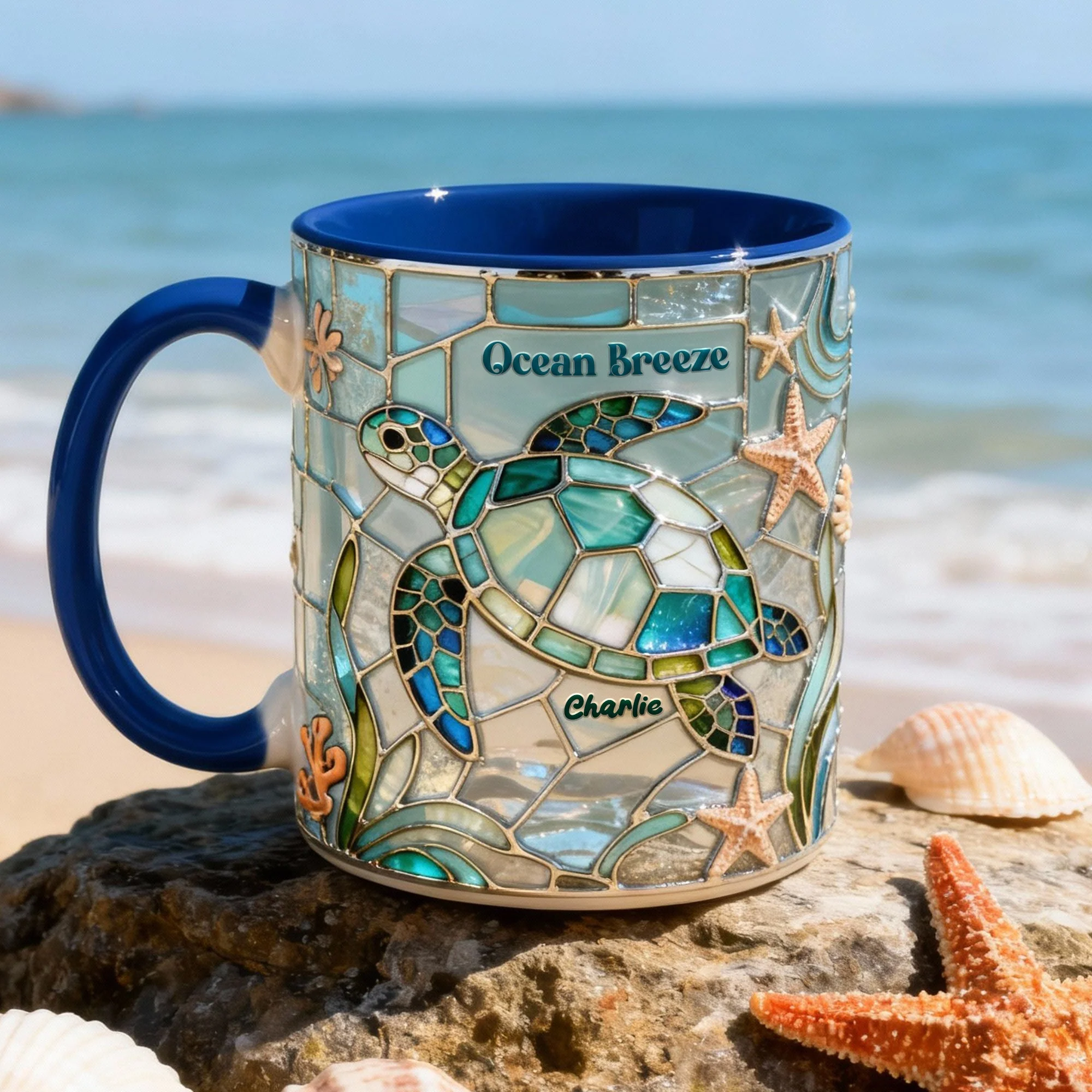 🐢Personalized Stained Glass Sea Turtle Ocean Breeze Coffee Mug✨