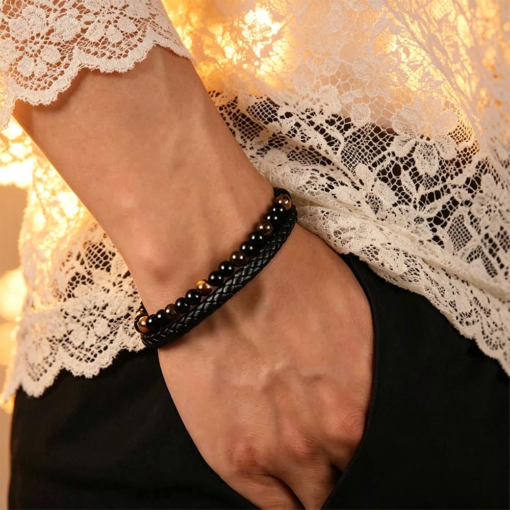 To My Son Tiger Eye Leather Bracelet, Custom Engraved Magnetic Clasp Men's Gift