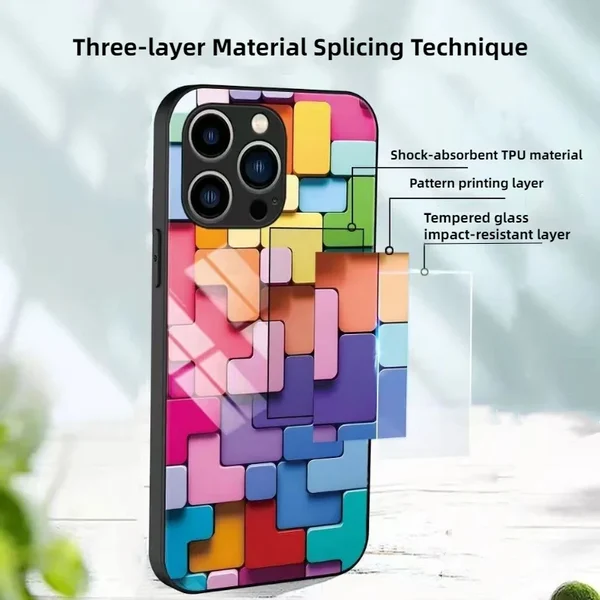 2023 New Flat 3D Square Pattern Glass Case Cover for iPhone