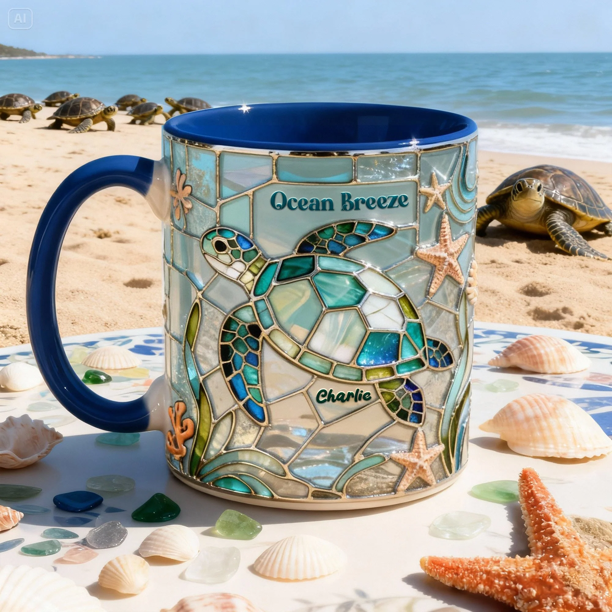 🐢Personalized Stained Glass Sea Turtle Ocean Breeze Coffee Mug✨