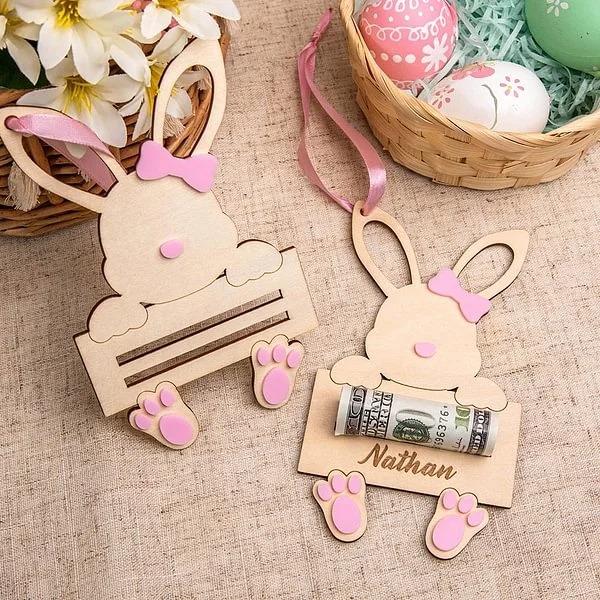 Personalized Rabbit Bunny Money Holder Basket Tags with Engraved Name Easter Gift for Kids