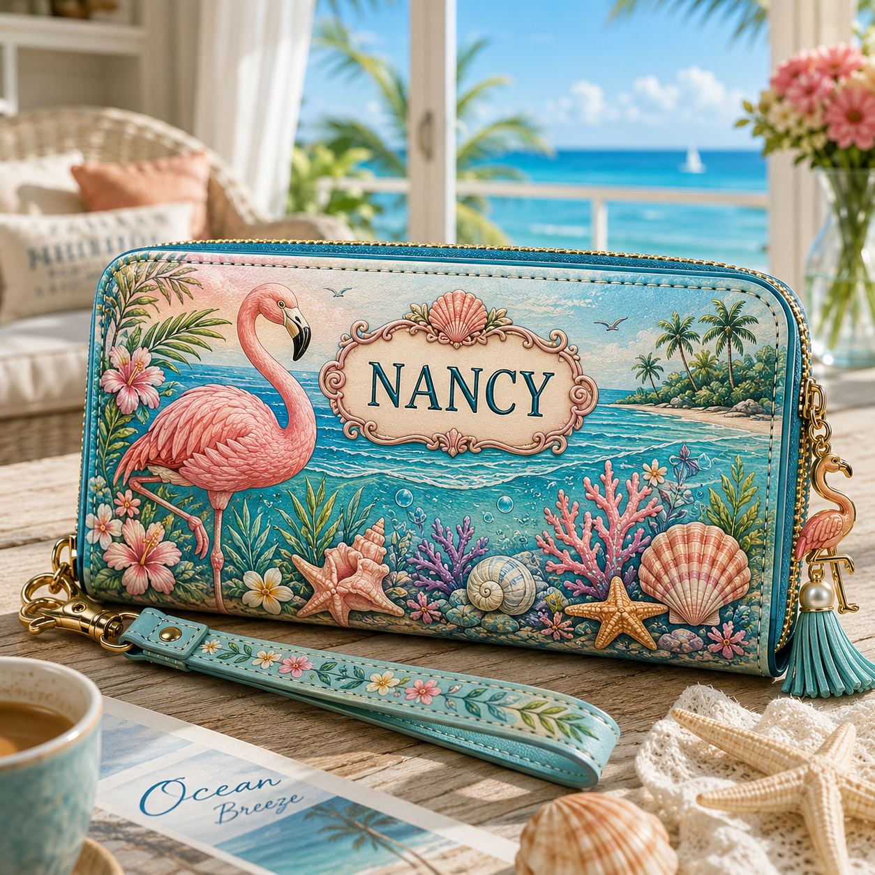 Personalized Ocean Life Zip-Around Wristlet Wallet 🌊🐢
