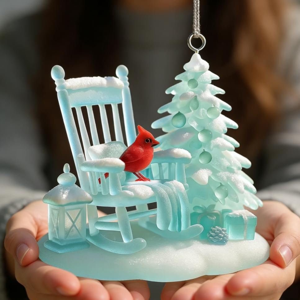 🌊🐦Cardinal Rocking Chair Sea Glass Ornament