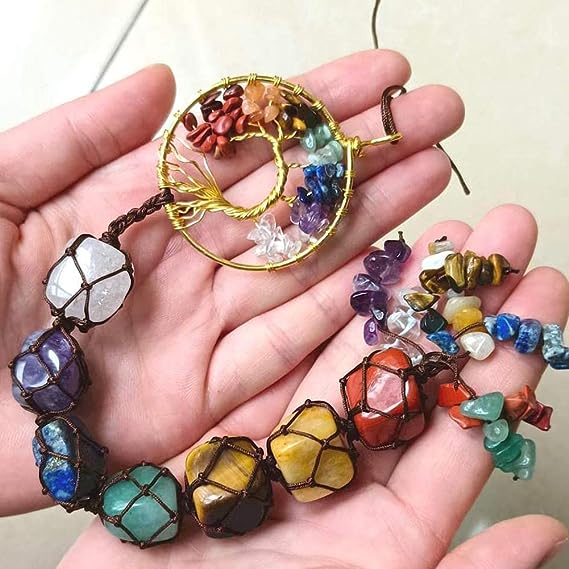 Seven-color crystal original stone tree of life hand-woven pendant