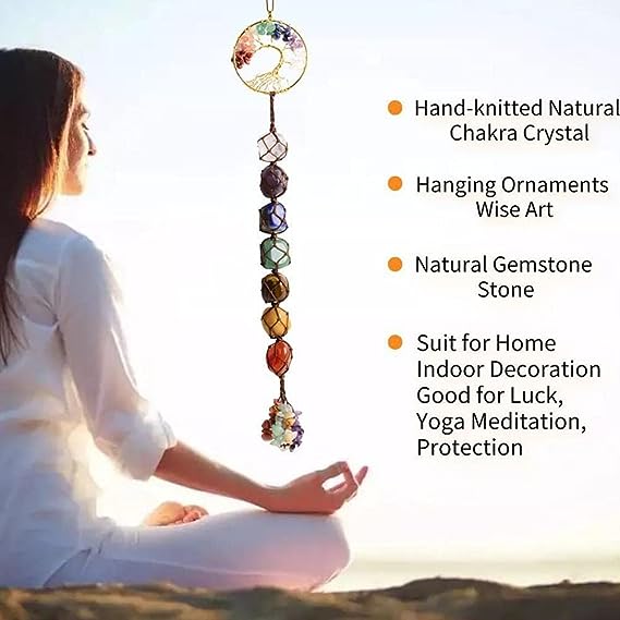 Seven-color crystal original stone tree of life hand-woven pendant