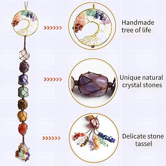 Seven-color crystal original stone tree of life hand-woven pendant