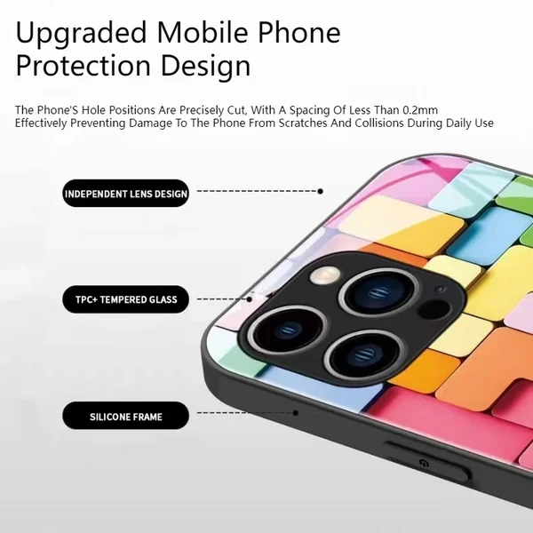 2023 New Flat 3D Square Pattern Glass Case Cover for iPhone