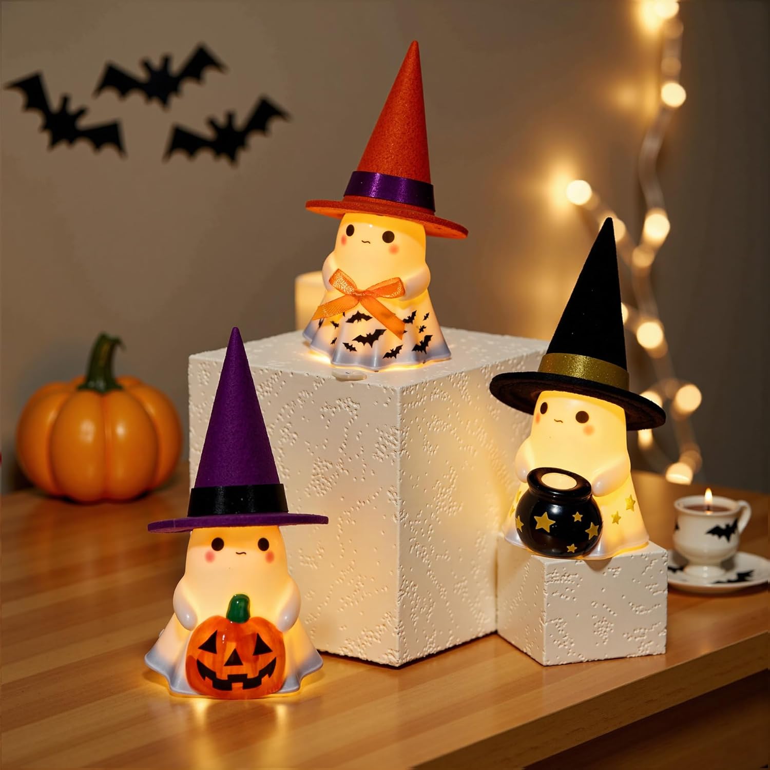 🎃 Cute Ceramic Ghost Figurines with Hats – Spooky & Sweet Decor Set 👻✨
