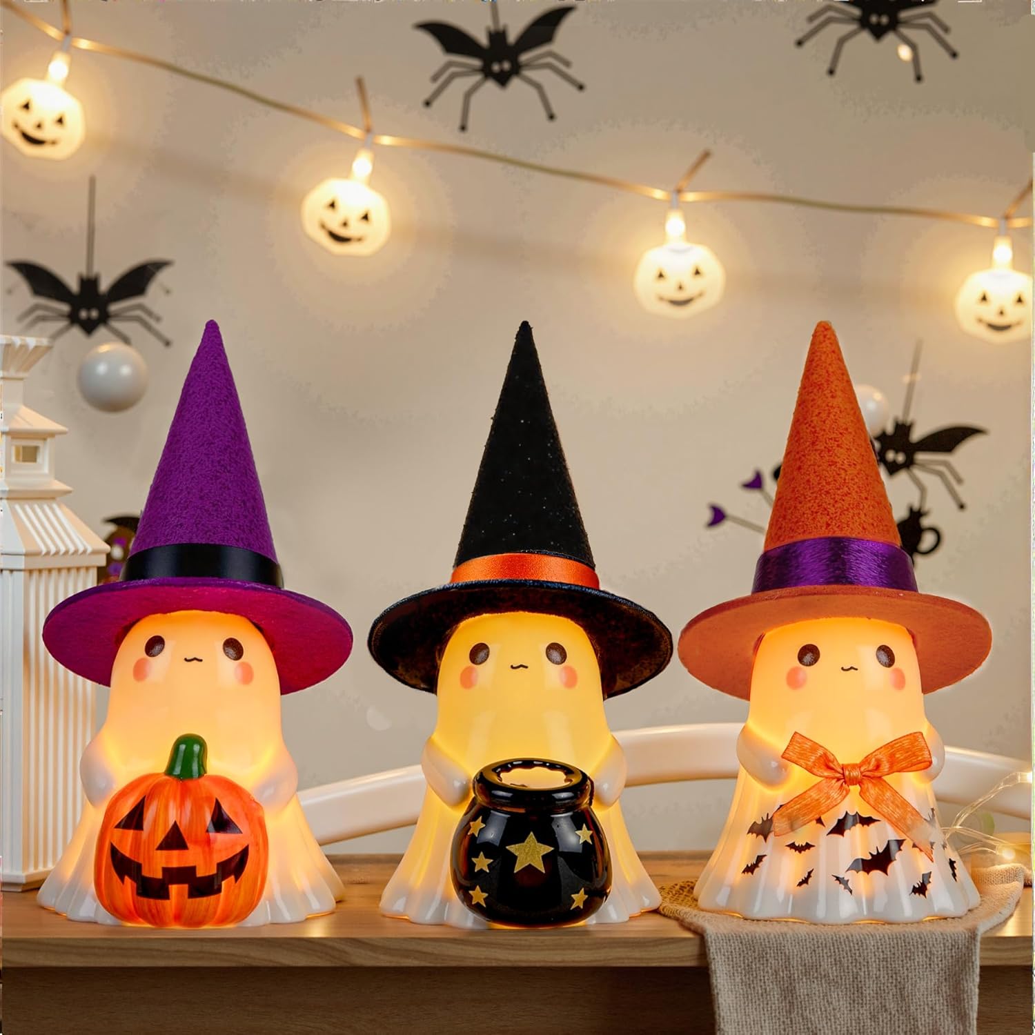 🎃 Cute Ceramic Ghost Figurines with Hats – Spooky & Sweet Decor Set 👻✨