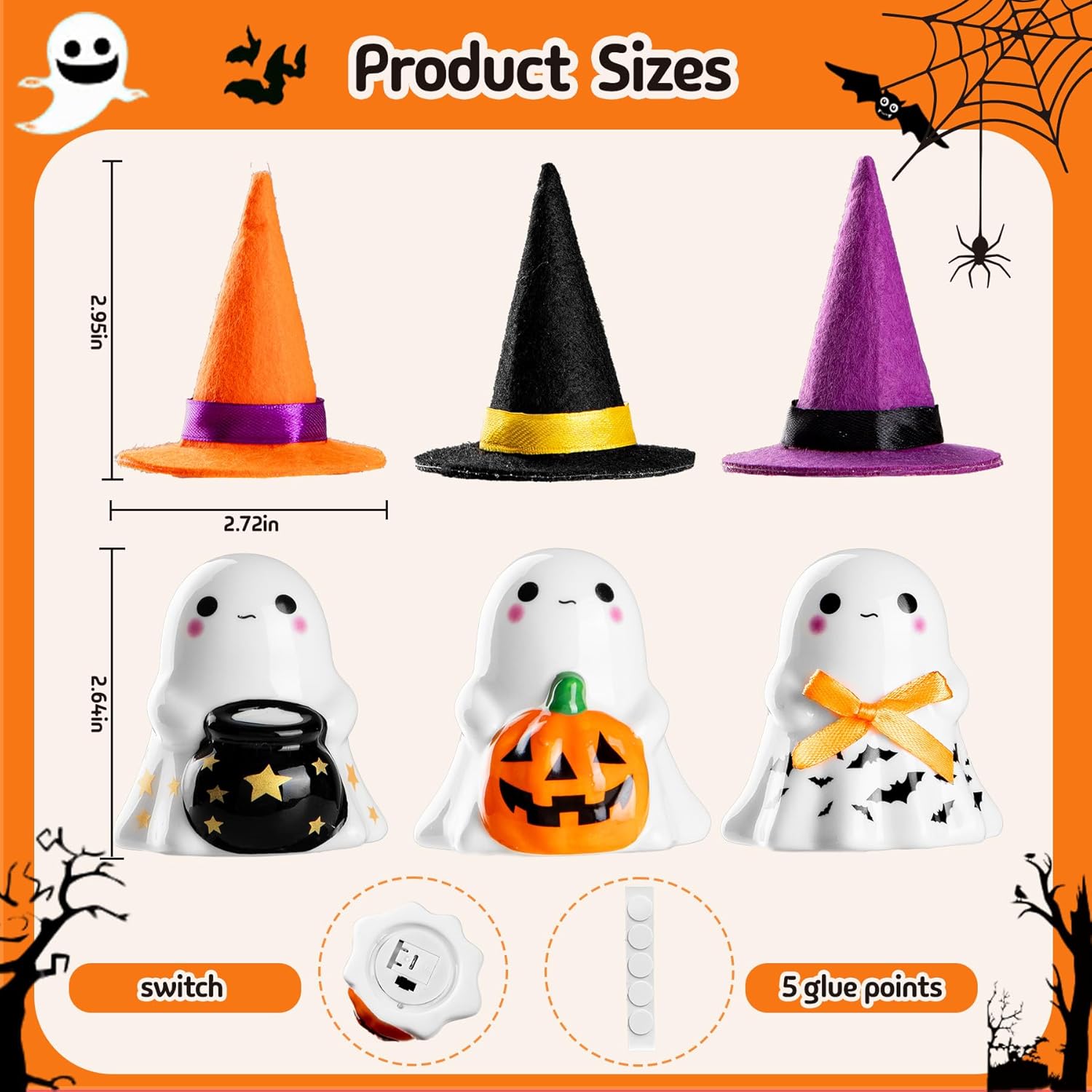 🎃 Cute Ceramic Ghost Figurines with Hats – Spooky & Sweet Decor Set 👻✨